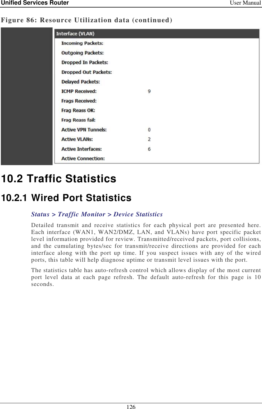 Unified Services Router    User Manual 126  Figure 86: Resource Utilization data (continued)  10.2 Traffic Statistics 10.2.1 Wired Port Statistics Status &gt; Traffic Monitor &gt; Device Statistics Detailed  transmit  and  receive  statistics  for  each  physical  port  are  presented  here. Each interface  (WAN1, WAN2/DMZ, LAN,  and VLANs)  have  port  specific  packet level information provided for review. Transmitted/received packets, port collisions, and  the  cumulating  bytes/sec  for  transmit/receive  directions  are  provided  for  each interface  along  with  the  port  up  time.  If  you  suspect  issues  with  any  of  the  wired ports, this table will help diagnose uptime or transmit level issues with the port.  The statistics table has auto-refresh control which allows display of the most current port  level  data  at  each  page  refresh.  The  default  auto-refresh  for  this  page  is  10 seconds.  