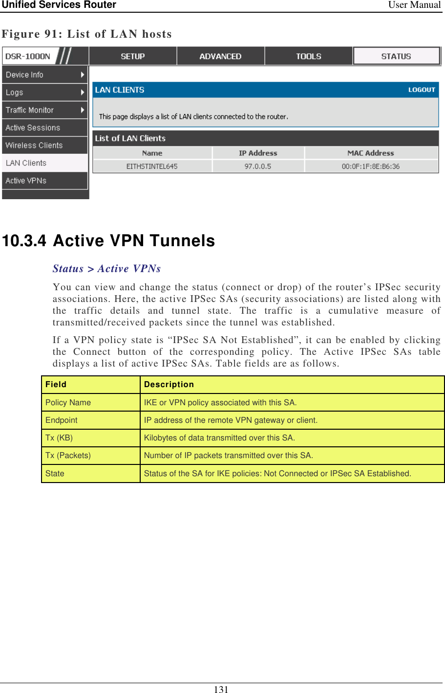 Unified Services Router    User Manual 131  Figure 91: List of LAN hosts   10.3.4 Active VPN Tunnels Status &gt; Active VPNs You can view and change the status (connect or drop) of the router’s IPSec security associations. Here, the active IPSec SAs (security associations) are listed along with the  traffic  details  and  tunnel  state.  The  traffic  is  a  cumulative  measure  of transmitted/received packets since the tunnel was established.  If a VPN policy state is “IPSec SA Not Established”, it can be enabled by clicking the  Connect  button  of  the  corresponding  policy.  The  Active  IPSec  SAs  table displays a list of active IPSec SAs. Table fields are as follows. Field   Description Policy Name  IKE or VPN policy associated with this SA. Endpoint  IP address of the remote VPN gateway or client. Tx (KB)  Kilobytes of data transmitted over this SA. Tx (Packets)  Number of IP packets transmitted over this SA. State  Status of the SA for IKE policies: Not Connected or IPSec SA Established. 