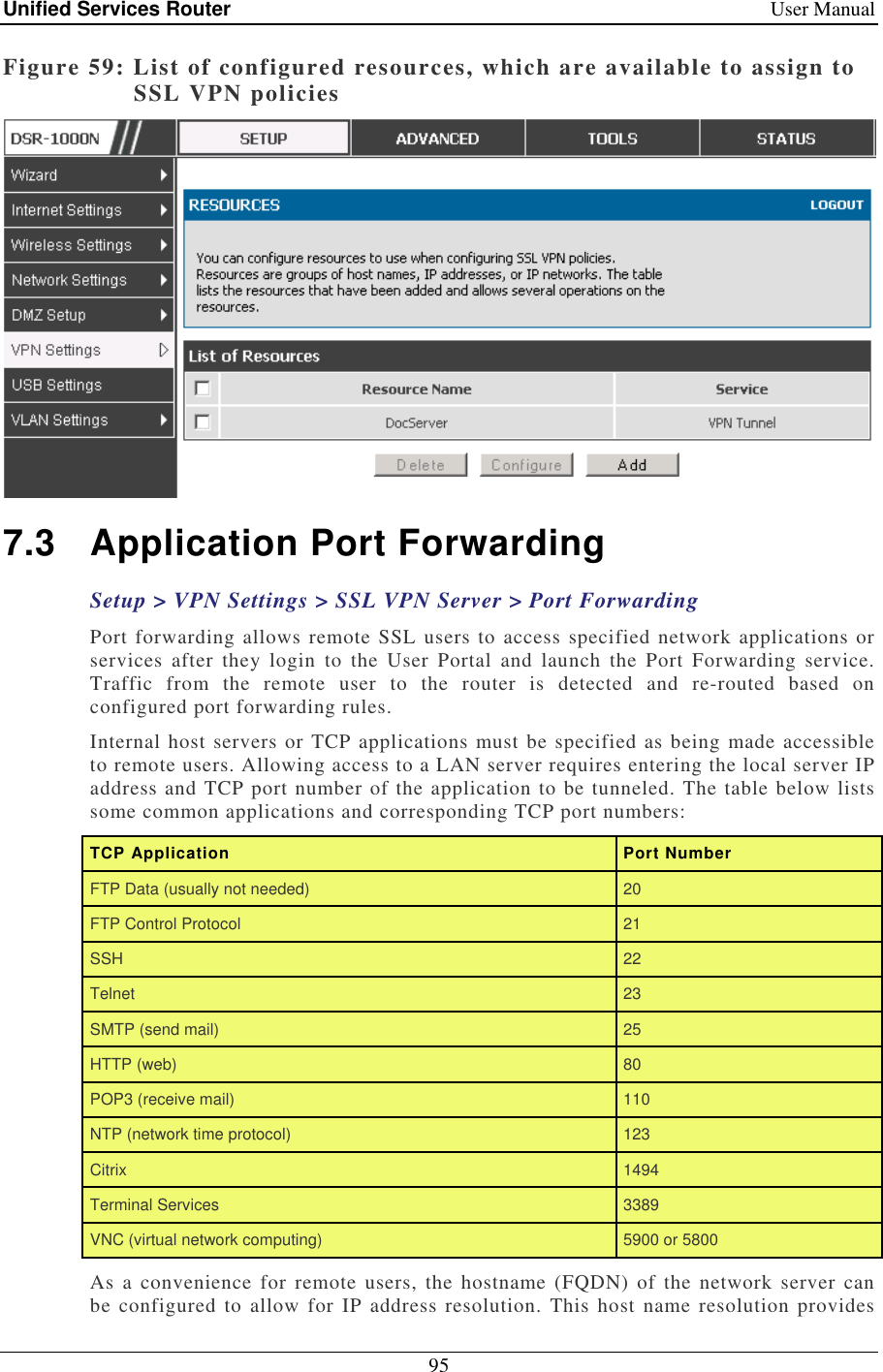 Unified Services Router    User Manual 95  Figure 59: List of configured resources, which are available to assign to SSL VPN policies  7.3  Application Port Forwarding Setup &gt; VPN Settings &gt; SSL VPN Server &gt; Port Forwarding  Port forwarding allows remote SSL users to access specified network applications or services  after  they  login  to  the  User  Portal  and  launch  the  Port  Forwarding  service. Traffic  from  the  remote  user  to  the  router  is  detected  and  re-routed  based  on configured port forwarding rules.  Internal host servers or TCP applications must be specified as being made accessible to remote users. Allowing access to a LAN server requires entering the local server IP address and TCP port number of the application to be tunneled. The table below lists some common applications and corresponding TCP port numbers:  TCP Application  Port Number FTP Data (usually not needed)   20 FTP Control Protocol   21 SSH   22 Telnet   23 SMTP (send mail)   25 HTTP (web)   80 POP3 (receive mail)   110 NTP (network time protocol)   123 Citrix   1494 Terminal Services   3389 VNC (virtual network computing)   5900 or 5800 As a  convenience for  remote  users,  the  hostname (FQDN)  of  the network  server  can be configured to  allow  for IP  address resolution. This  host  name resolution provides 