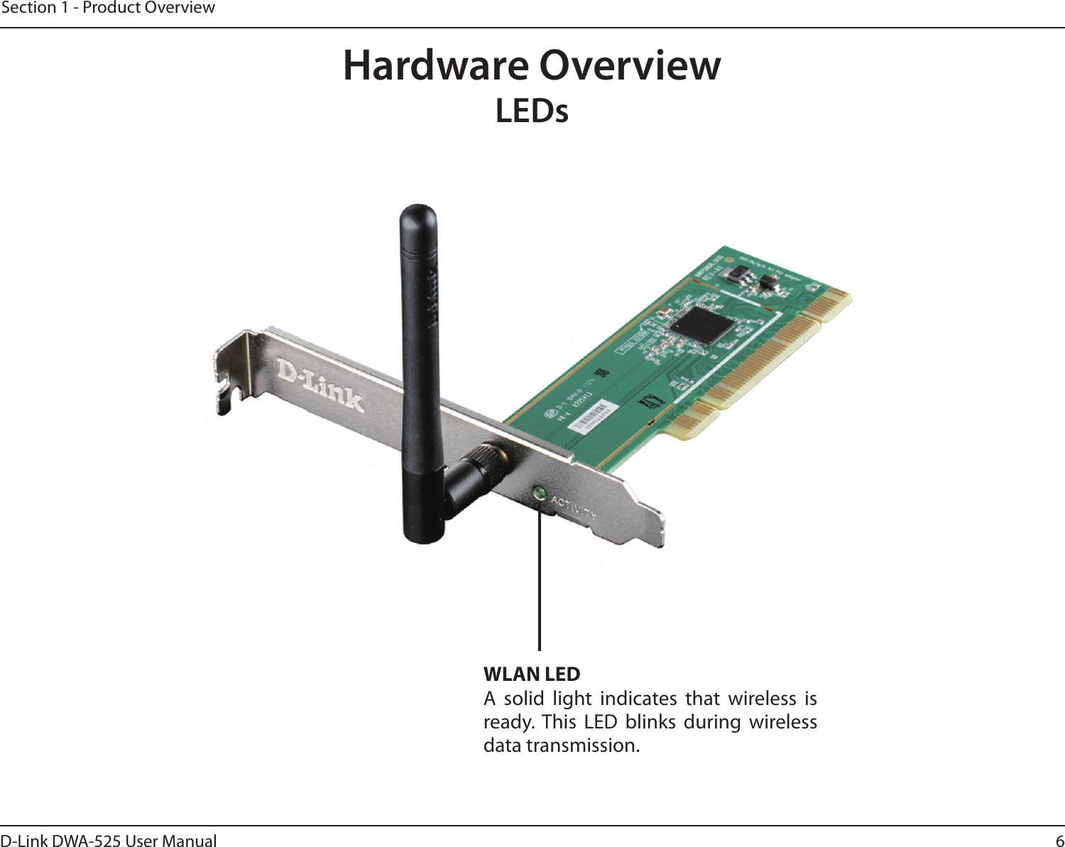 6D-Link DWA-525 User ManualSection 1 - Product OverviewHardware OverviewLEDsWLAN LEDA  solid  light  indicates  that  wireless  is ready. This  LED  blinks  during  wireless data transmission.