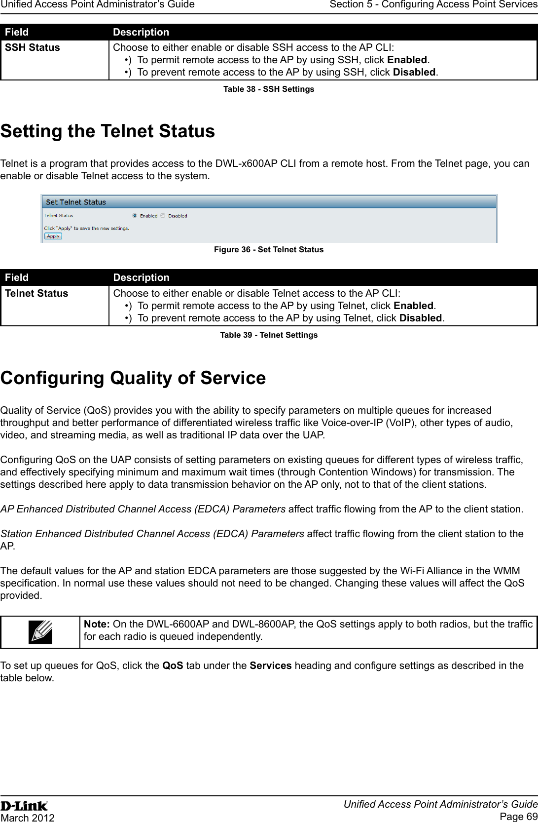 Unied Access Point Administrator’s GuideUnied Access Point Administrator’s GuidePage 69March 2012Section 5 - Conguring Access Point ServicesField DescriptionSSH Status Choose to either enable or disable SSH access to the AP CLI:•)  To permit remote access to the AP by using SSH, click Enabled.•)  To prevent remote access to the AP by using SSH, click Disabled.Table 38 - SSH SettingsSetting the Telnet StatusTelnet is a program that provides access to the DWL-x600AP CLI from a remote host. From the Telnet page, you can enable or disable Telnet access to the system. Figure 36 - Set Telnet StatusField DescriptionTelnet Status Choose to either enable or disable Telnet access to the AP CLI:•)  To permit remote access to the AP by using Telnet, click Enabled.•)  To prevent remote access to the AP by using Telnet, click Disabled.Table 39 - Telnet SettingsConguring Quality of ServiceQuality of Service (QoS) provides you with the ability to specify parameters on multiple queues for increased throughput and better performance of differentiated wireless trafc like Voice-over-IP (VoIP), other types of audio, video, and streaming media, as well as traditional IP data over the UAP.Conguring QoS on the UAP consists of setting parameters on existing queues for different types of wireless trafc, and effectively specifying minimum and maximum wait times (through Contention Windows) for transmission. The settings described here apply to data transmission behavior on the AP only, not to that of the client stations.AP Enhanced Distributed Channel Access (EDCA) Parameters affect trafc owing from the AP to the client station.Station Enhanced Distributed Channel Access (EDCA) Parameters affect trafc owing from the client station to the A P.The default values for the AP and station EDCA parameters are those suggested by the Wi-Fi Alliance in the WMM specication. In normal use these values should not need to be changed. Changing these values will affect the QoS provided.Note: On the DWL-6600AP and DWL-8600AP, the QoS settings apply to both radios, but the trafc for each radio is queued independently. To set up queues for QoS, click the QoS tab under the Services heading and congure settings as described in the table below.