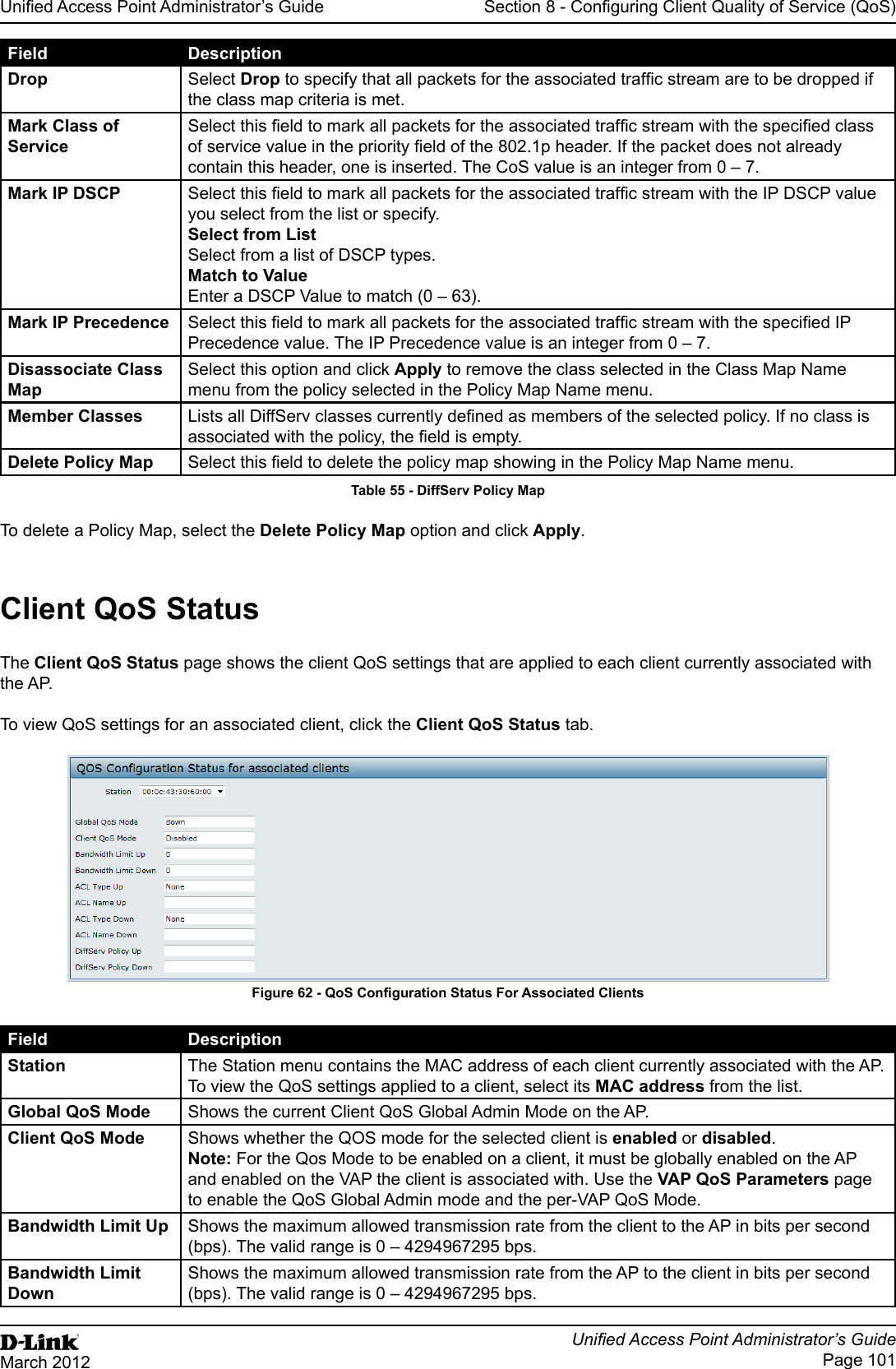 Unied Access Point Administrator’s GuideUnied Access Point Administrator’s GuidePage 101March 2012Section 8 - Conguring Client Quality of Service (QoS)Field DescriptionDrop Select Drop to specify that all packets for the associated trafc stream are to be dropped if the class map criteria is met.Mark Class of ServiceSelect this eld to mark all packets for the associated trafc stream with the specied class of service value in the priority eld of the 802.1p header. If the packet does not already contain this header, one is inserted. The CoS value is an integer from 0 – 7.Mark IP DSCP Select this eld to mark all packets for the associated trafc stream with the IP DSCP value you select from the list or specify. Select from List Select from a list of DSCP types. Match to Value Enter a DSCP Value to match (0 – 63).Mark IP Precedence Select this eld to mark all packets for the associated trafc stream with the specied IP Precedence value. The IP Precedence value is an integer from 0 – 7.Disassociate Class MapSelect this option and click Apply to remove the class selected in the Class Map Name menu from the policy selected in the Policy Map Name menu.Member Classes Lists all DiffServ classes currently dened as members of the selected policy. If no class is associated with the policy, the eld is empty.Delete Policy Map Select this eld to delete the policy map showing in the Policy Map Name menu.Table 55 - DiffServ Policy MapTo delete a Policy Map, select the Delete Policy Map option and click Apply. Client QoS StatusThe Client QoS Status page shows the client QoS settings that are applied to each client currently associated with the AP.To view QoS settings for an associated client, click the Client QoS Status tab.Figure 62 - QoS Conguration Status For Associated ClientsField DescriptionStation The Station menu contains the MAC address of each client currently associated with the AP. To view the QoS settings applied to a client, select its MAC address from the list.Global QoS Mode Shows the current Client QoS Global Admin Mode on the AP.Client QoS Mode Shows whether the QOS mode for the selected client is enabled or disabled. Note: For the Qos Mode to be enabled on a client, it must be globally enabled on the AP and enabled on the VAP the client is associated with. Use the VAP QoS Parameters page to enable the QoS Global Admin mode and the per-VAP QoS Mode.Bandwidth Limit Up Shows the maximum allowed transmission rate from the client to the AP in bits per second (bps). The valid range is 0 – 4294967295 bps.Bandwidth Limit DownShows the maximum allowed transmission rate from the AP to the client in bits per second (bps). The valid range is 0 – 4294967295 bps.