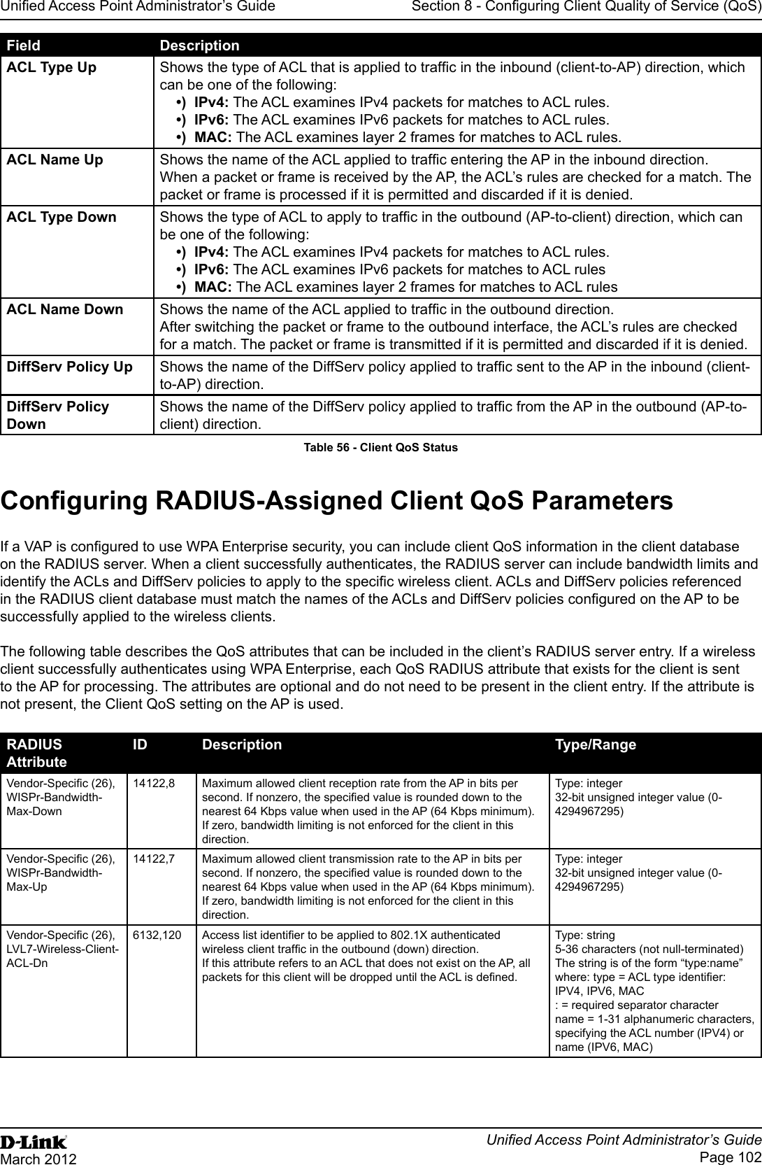 Unied Access Point Administrator’s GuideUnied Access Point Administrator’s GuidePage 102March 2012Section 8 - Conguring Client Quality of Service (QoS)Field DescriptionACL Type Up Shows the type of ACL that is applied to trafc in the inbound (client-to-AP) direction, which can be one of the following: •)  IPv4: The ACL examines IPv4 packets for matches to ACL rules.•)  IPv6: The ACL examines IPv6 packets for matches to ACL rules.•)  MAC: The ACL examines layer 2 frames for matches to ACL rules.ACL Name Up Shows the name of the ACL applied to trafc entering the AP in the inbound direction. When a packet or frame is received by the AP, the ACL’s rules are checked for a match. The packet or frame is processed if it is permitted and discarded if it is denied.ACL Type Down Shows the type of ACL to apply to trafc in the outbound (AP-to-client) direction, which can be one of the following: •)  IPv4: The ACL examines IPv4 packets for matches to ACL rules.•)  IPv6: The ACL examines IPv6 packets for matches to ACL rules•)  MAC: The ACL examines layer 2 frames for matches to ACL rulesACL Name Down Shows the name of the ACL applied to trafc in the outbound direction. After switching the packet or frame to the outbound interface, the ACL’s rules are checked for a match. The packet or frame is transmitted if it is permitted and discarded if it is denied.DiffServ Policy Up Shows the name of the DiffServ policy applied to trafc sent to the AP in the inbound (client-to-AP) direction.DiffServ Policy DownShows the name of the DiffServ policy applied to trafc from the AP in the outbound (AP-to-client) direction.Table 56 - Client QoS StatusConguring RADIUS-Assigned Client QoS ParametersIf a VAP is congured to use WPA Enterprise security, you can include client QoS information in the client database on the RADIUS server. When a client successfully authenticates, the RADIUS server can include bandwidth limits and identify the ACLs and DiffServ policies to apply to the specic wireless client. ACLs and DiffServ policies referenced in the RADIUS client database must match the names of the ACLs and DiffServ policies congured on the AP to be successfully applied to the wireless clients.The following table describes the QoS attributes that can be included in the client’s RADIUS server entry. If a wireless client successfully authenticates using WPA Enterprise, each QoS RADIUS attribute that exists for the client is sent to the AP for processing. The attributes are optional and do not need to be present in the client entry. If the attribute is not present, the Client QoS setting on the AP is used.RADIUS AttributeID Description Type/RangeVendor-Specic (26), WISPr-Bandwidth-Max-Down14122,8 Maximum allowed client reception rate from the AP in bits per second. If nonzero, the specied value is rounded down to the nearest 64 Kbps value when used in the AP (64 Kbps minimum). If zero, bandwidth limiting is not enforced for the client in this direction.Type: integer32-bit unsigned integer value (0-4294967295)Vendor-Specic (26), WISPr-Bandwidth-Max-Up14122,7 Maximum allowed client transmission rate to the AP in bits per second. If nonzero, the specied value is rounded down to the nearest 64 Kbps value when used in the AP (64 Kbps minimum). If zero, bandwidth limiting is not enforced for the client in this direction.Type: integer32-bit unsigned integer value (0-4294967295)Vendor-Specic (26), LVL7-Wireless-Client-ACL-Dn6132,120 Access list identier to be applied to 802.1X authenticated wireless client trafc in the outbound (down) direction.If this attribute refers to an ACL that does not exist on the AP, all packets for this client will be dropped until the ACL is dened.Type: string5-36 characters (not null-terminated)The string is of the form “type:name” where: type = ACL type identier: IPV4, IPV6, MAC: = required separator charactername = 1-31 alphanumeric characters, specifying the ACL number (IPV4) or name (IPV6, MAC)