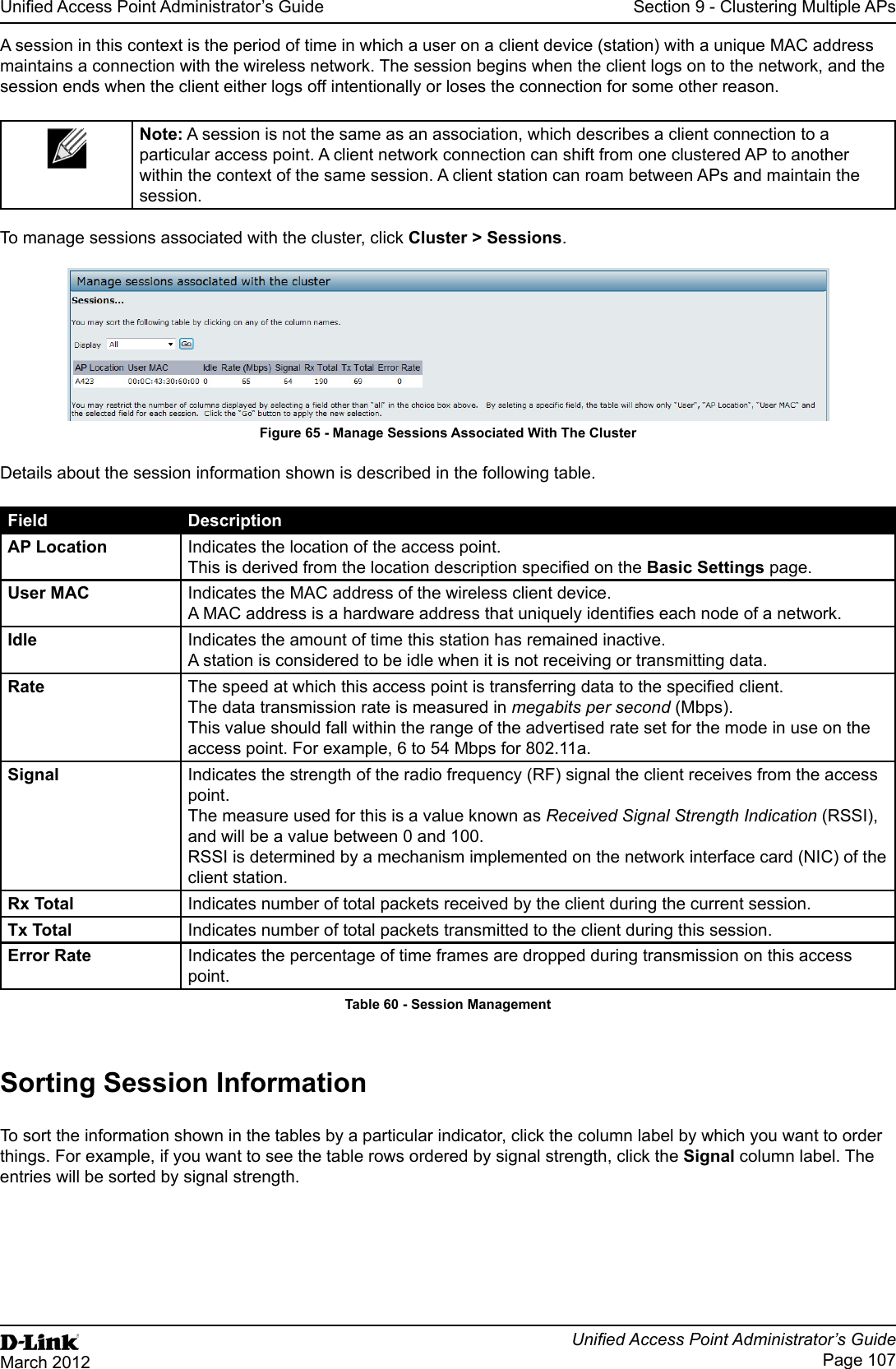 Unied Access Point Administrator’s GuideUnied Access Point Administrator’s GuidePage 107March 2012Section 9 - Clustering Multiple APsA session in this context is the period of time in which a user on a client device (station) with a unique MAC address maintains a connection with the wireless network. The session begins when the client logs on to the network, and the session ends when the client either logs off intentionally or loses the connection for some other reason.Note: A session is not the same as an association, which describes a client connection to a particular access point. A client network connection can shift from one clustered AP to another within the context of the same session. A client station can roam between APs and maintain the session.To manage sessions associated with the cluster, click Cluster &gt; Sessions.Figure 65 - Manage Sessions Associated With The ClusterDetails about the session information shown is described in the following table.Field DescriptionAP Location Indicates the location of the access point.This is derived from the location description specied on the Basic Settings page.User MAC Indicates the MAC address of the wireless client device.A MAC address is a hardware address that uniquely identies each node of a network.Idle Indicates the amount of time this station has remained inactive.A station is considered to be idle when it is not receiving or transmitting data.Rate The speed at which this access point is transferring data to the specied client.The data transmission rate is measured in megabits per second (Mbps).This value should fall within the range of the advertised rate set for the mode in use on the access point. For example, 6 to 54 Mbps for 802.11a.Signal Indicates the strength of the radio frequency (RF) signal the client receives from the access point.The measure used for this is a value known as Received Signal Strength Indication (RSSI), and will be a value between 0 and 100.RSSI is determined by a mechanism implemented on the network interface card (NIC) of the client station.Rx Total Indicates number of total packets received by the client during the current session.Tx Total Indicates number of total packets transmitted to the client during this session.Error Rate Indicates the percentage of time frames are dropped during transmission on this access point.Table 60 - Session ManagementSorting Session InformationTo sort the information shown in the tables by a particular indicator, click the column label by which you want to order things. For example, if you want to see the table rows ordered by signal strength, click the Signal column label. The entries will be sorted by signal strength.