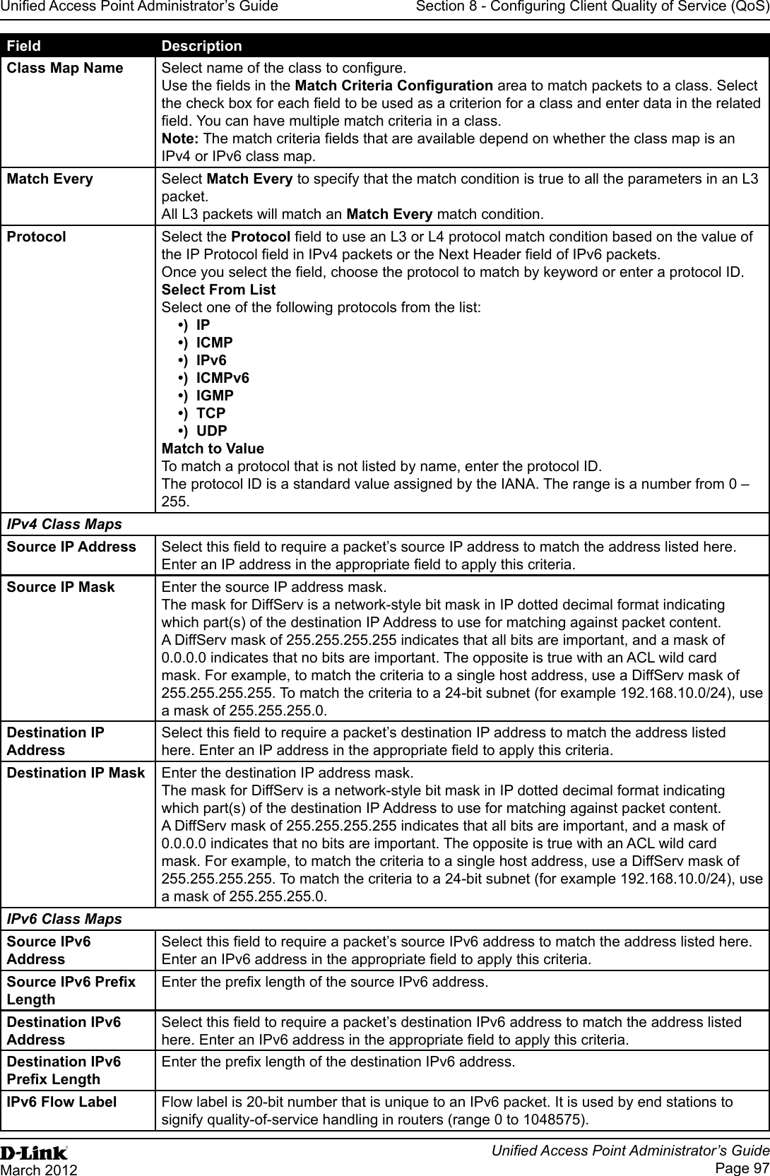 Unied Access Point Administrator’s GuideUnied Access Point Administrator’s GuidePage 97March 2012Section 8 - Conguring Client Quality of Service (QoS)Field DescriptionClass Map Name Select name of the class to congure.Use the elds in the Match Criteria Conguration area to match packets to a class. Select the check box for each eld to be used as a criterion for a class and enter data in the related eld. You can have multiple match criteria in a class.Note: The match criteria elds that are available depend on whether the class map is an IPv4 or IPv6 class map.Match Every Select Match Every to specify that the match condition is true to all the parameters in an L3 packet. All L3 packets will match an Match Every match condition.Protocol Select the Protocol eld to use an L3 or L4 protocol match condition based on the value of the IP Protocol eld in IPv4 packets or the Next Header eld of IPv6 packets.Once you select the eld, choose the protocol to match by keyword or enter a protocol ID.Select From ListSelect one of the following protocols from the list: •)  IP•)  ICMP•)  IPv6•)  ICMPv6•)  IGMP•)  TCP•)  UDPMatch to ValueTo match a protocol that is not listed by name, enter the protocol ID. The protocol ID is a standard value assigned by the IANA. The range is a number from 0 – 255.IPv4 Class MapsSource IP Address Select this eld to require a packet’s source IP address to match the address listed here. Enter an IP address in the appropriate eld to apply this criteria.Source IP Mask Enter the source IP address mask.The mask for DiffServ is a network-style bit mask in IP dotted decimal format indicating which part(s) of the destination IP Address to use for matching against packet content.A DiffServ mask of 255.255.255.255 indicates that all bits are important, and a mask of 0.0.0.0 indicates that no bits are important. The opposite is true with an ACL wild card mask. For example, to match the criteria to a single host address, use a DiffServ mask of 255.255.255.255. To match the criteria to a 24-bit subnet (for example 192.168.10.0/24), use a mask of 255.255.255.0.Destination IP AddressSelect this eld to require a packet’s destination IP address to match the address listed here. Enter an IP address in the appropriate eld to apply this criteria.Destination IP Mask Enter the destination IP address mask.The mask for DiffServ is a network-style bit mask in IP dotted decimal format indicating which part(s) of the destination IP Address to use for matching against packet content.A DiffServ mask of 255.255.255.255 indicates that all bits are important, and a mask of 0.0.0.0 indicates that no bits are important. The opposite is true with an ACL wild card mask. For example, to match the criteria to a single host address, use a DiffServ mask of 255.255.255.255. To match the criteria to a 24-bit subnet (for example 192.168.10.0/24), use a mask of 255.255.255.0.IPv6 Class MapsSource IPv6 AddressSelect this eld to require a packet’s source IPv6 address to match the address listed here. Enter an IPv6 address in the appropriate eld to apply this criteria.Source IPv6 Prex LengthEnter the prex length of the source IPv6 address.Destination IPv6 AddressSelect this eld to require a packet’s destination IPv6 address to match the address listed here. Enter an IPv6 address in the appropriate eld to apply this criteria.Destination IPv6 Prex LengthEnter the prex length of the destination IPv6 address.IPv6 Flow Label Flow label is 20-bit number that is unique to an IPv6 packet. It is used by end stations to signify quality-of-service handling in routers (range 0 to 1048575).