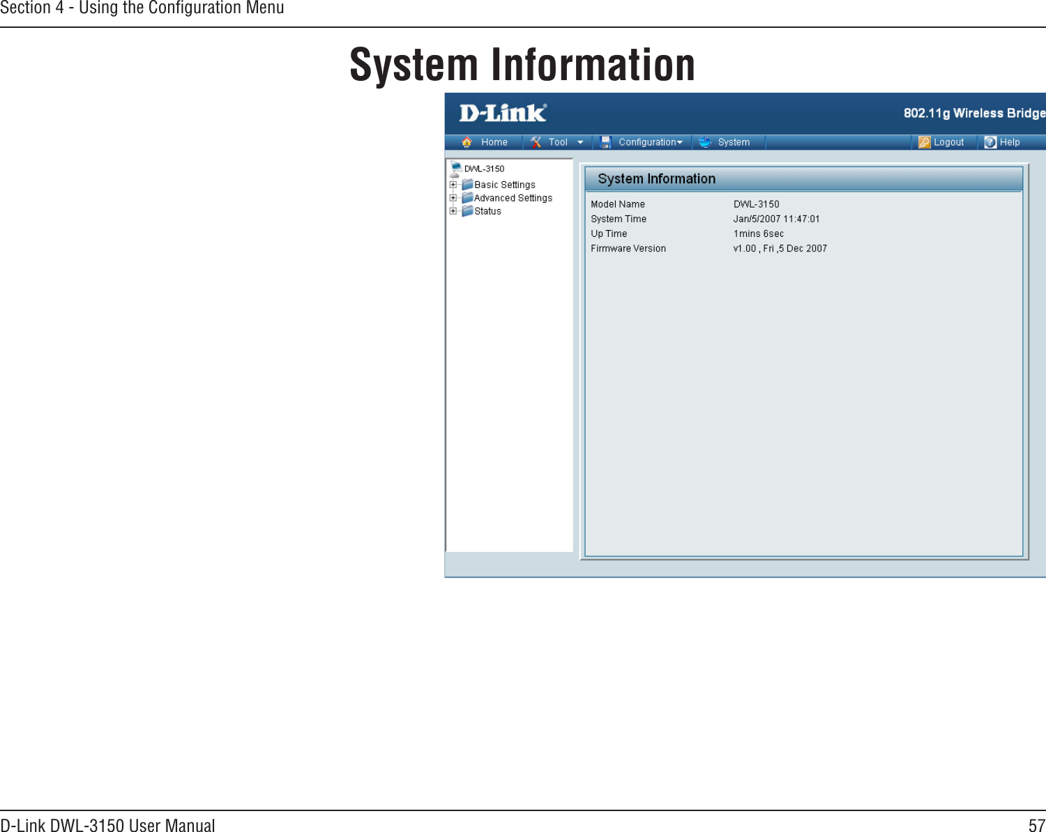57D-Link DWL-3150 User ManualSection 4 - Using the Conﬁguration MenuSystem Information