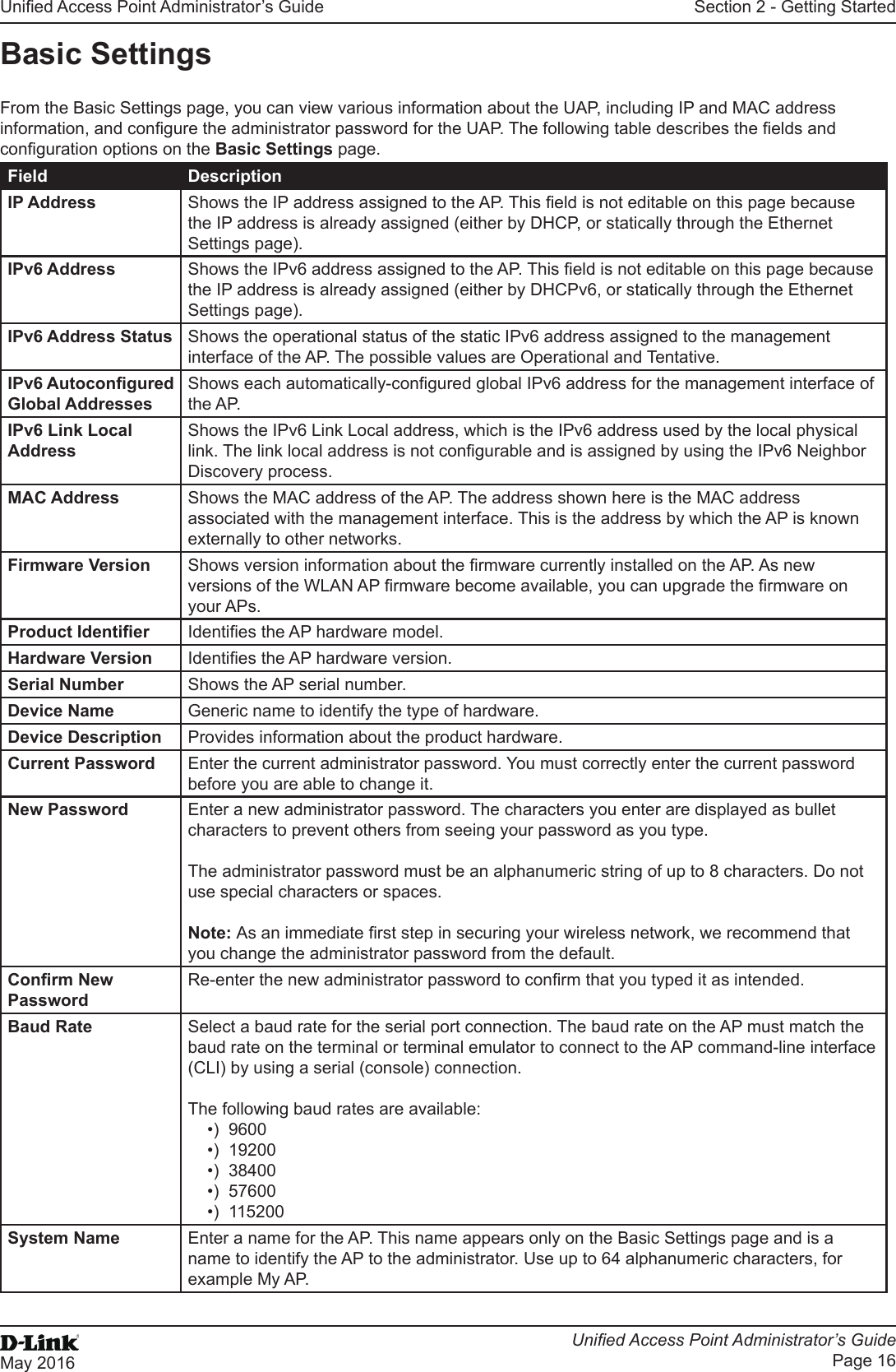 Unied Access Point Administrator’s GuideUnied Access Point Administrator’s GuidePage 16May 2016Section 2 - Getting StartedBasic SettingsFrom the Basic Settings page, you can view various information about the UAP, including IP and MAC address information, and congure the administrator password for the UAP. The following table describes the elds and conguration options on the Basic Settings page.Field DescriptionIP Address Shows the IP address assigned to the AP. This eld is not editable on this page because the IP address is already assigned (either by DHCP, or statically through the Ethernet Settings page).IPv6 Address Shows the IPv6 address assigned to the AP. This eld is not editable on this page because the IP address is already assigned (either by DHCPv6, or statically through the Ethernet Settings page).IPv6 Address Status Shows the operational status of the static IPv6 address assigned to the management interface of the AP. The possible values are Operational and Tentative.IPv6 Autocongured Global AddressesShows each automatically-congured global IPv6 address for the management interface of the AP.IPv6 Link Local AddressShows the IPv6 Link Local address, which is the IPv6 address used by the local physical link. The link local address is not congurable and is assigned by using the IPv6 Neighbor Discovery process.MAC Address Shows the MAC address of the AP. The address shown here is the MAC address associated with the management interface. This is the address by which the AP is known externally to other networks.Firmware Version Shows version information about the rmware currently installed on the AP. As new versions of the WLAN AP rmware become available, you can upgrade the rmware on your APs.Product Identier Identies the AP hardware model.Hardware Version Identies the AP hardware version.Serial Number Shows the AP serial number.Device Name Generic name to identify the type of hardware.Device Description Provides information about the product hardware.Current Password Enter the current administrator password. You must correctly enter the current password before you are able to change it.New Password Enter a new administrator password. The characters you enter are displayed as bullet characters to prevent others from seeing your password as you type.The administrator password must be an alphanumeric string of up to 8 characters. Do not use special characters or spaces.Note: As an immediate rst step in securing your wireless network, we recommend that you change the administrator password from the default.Conrm New PasswordRe-enter the new administrator password to conrm that you typed it as intended.Baud Rate Select a baud rate for the serial port connection. The baud rate on the AP must match the baud rate on the terminal or terminal emulator to connect to the AP command-line interface (CLI) by using a serial (console) connection.The following baud rates are available: •)  9600•)  19200•)  38400•)  57600•)  115200System Name Enter a name for the AP. This name appears only on the Basic Settings page and is a name to identify the AP to the administrator. Use up to 64 alphanumeric characters, for example My AP.