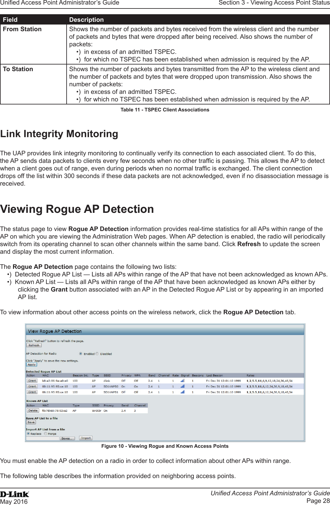 Unied Access Point Administrator’s GuideUnied Access Point Administrator’s GuidePage 28May 2016Section 3 - Viewing Access Point StatusField DescriptionFrom Station Shows the number of packets and bytes received from the wireless client and the number of packets and bytes that were dropped after being received. Also shows the number of packets:•)  in excess of an admitted TSPEC.•)  for which no TSPEC has been established when admission is required by the AP.To Station Shows the number of packets and bytes transmitted from the AP to the wireless client and the number of packets and bytes that were dropped upon transmission. Also shows the number of packets:•)  in excess of an admitted TSPEC.•)  for which no TSPEC has been established when admission is required by the AP.Table 11 - TSPEC Client AssociationsLink Integrity MonitoringThe UAP provides link integrity monitoring to continually verify its connection to each associated client. To do this, the AP sends data packets to clients every few seconds when no other trafc is passing. This allows the AP to detect when a client goes out of range, even during periods when no normal trafc is exchanged. The client connection drops off the list within 300 seconds if these data packets are not acknowledged, even if no disassociation message is received.Viewing Rogue AP DetectionThe status page to view Rogue AP Detection information provides real-time statistics for all APs within range of the AP on which you are viewing the Administration Web pages. When AP detection is enabled, the radio will periodically switch from its operating channel to scan other channels within the same band. Click Refresh to update the screen and display the most current information. The Rogue AP Detection page contains the following two lists:•)  Detected Rogue AP List — Lists all APs within range of the AP that have not been acknowledged as known APs.•)  Known AP List — Lists all APs within range of the AP that have been acknowledged as known APs either by clicking the Grant button associated with an AP in the Detected Rogue AP List or by appearing in an imported AP list. To view information about other access points on the wireless network, click the Rogue AP Detection tab.Figure 10 - Viewing Rogue and Known Access PointsYou must enable the AP detection on a radio in order to collect information about other APs within range. The following table describes the information provided on neighboring access points.