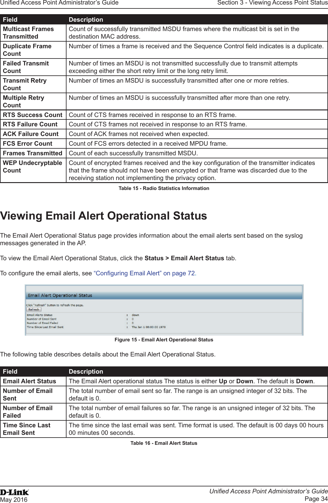 Unied Access Point Administrator’s GuideUnied Access Point Administrator’s GuidePage 34May 2016Section 3 - Viewing Access Point StatusField DescriptionMulticast Frames TransmittedCount of successfully transmitted MSDU frames where the multicast bit is set in the destination MAC address.Duplicate Frame CountNumber of times a frame is received and the Sequence Control eld indicates is a duplicate.Failed Transmit CountNumber of times an MSDU is not transmitted successfully due to transmit attempts exceeding either the short retry limit or the long retry limit.Transmit Retry CountNumber of times an MSDU is successfully transmitted after one or more retries.Multiple Retry CountNumber of times an MSDU is successfully transmitted after more than one retry.RTS Success Count Count of CTS frames received in response to an RTS frame.RTS Failure Count Count of CTS frames not received in response to an RTS frame.ACK Failure Count Count of ACK frames not received when expected.FCS Error Count Count of FCS errors detected in a received MPDU frame.Frames Transmitted Count of each successfully transmitted MSDU.WEP Undecryptable CountCount of encrypted frames received and the key conguration of the transmitter indicates that the frame should not have been encrypted or that frame was discarded due to the receiving station not implementing the privacy option.Table 15 - Radio Statistics InformationViewing Email Alert Operational StatusThe Email Alert Operational Status page provides information about the email alerts sent based on the syslog messages generated in the AP. To view the Email Alert Operational Status, click the Status &gt; Email Alert Status tab.To congure the email alerts, see “Conguring Email Alert” on page 72.Figure 15 - Email Alert Operational StatusThe following table describes details about the Email Alert Operational Status.Field DescriptionEmail Alert Status The Email Alert operational status The status is either Up or Down. The default is Down.Number of Email SentThe total number of email sent so far. The range is an unsigned integer of 32 bits. The default is 0.Number of Email FailedThe total number of email failures so far. The range is an unsigned integer of 32 bits. The default is 0.Time Since Last Email SentThe time since the last email was sent. Time format is used. The default is 00 days 00 hours 00 minutes 00 seconds.Table 16 - Email Alert Status