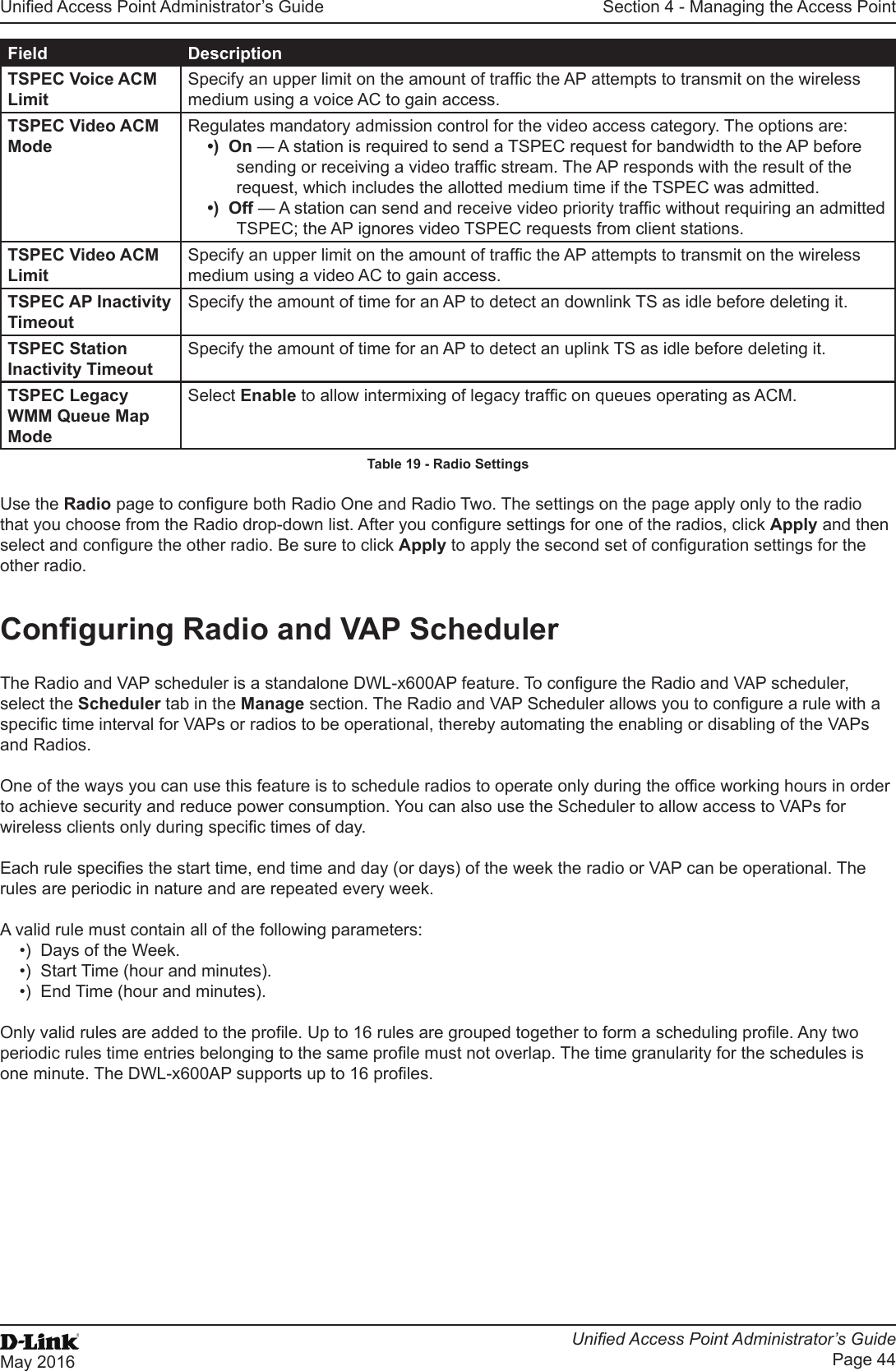 Unied Access Point Administrator’s GuideUnied Access Point Administrator’s GuidePage 44May 2016Section 4 - Managing the Access PointField DescriptionTSPEC Voice ACM LimitSpecify an upper limit on the amount of trafc the AP attempts to transmit on the wireless medium using a voice AC to gain access.TSPEC Video ACM ModeRegulates mandatory admission control for the video access category. The options are:•)  On — A station is required to send a TSPEC request for bandwidth to the AP before sending or receiving a video trafc stream. The AP responds with the result of the request, which includes the allotted medium time if the TSPEC was admitted. •)  Off — A station can send and receive video priority trafc without requiring an admitted TSPEC; the AP ignores video TSPEC requests from client stations.TSPEC Video ACM LimitSpecify an upper limit on the amount of trafc the AP attempts to transmit on the wireless medium using a video AC to gain access.TSPEC AP Inactivity TimeoutSpecify the amount of time for an AP to detect an downlink TS as idle before deleting it.TSPEC Station Inactivity TimeoutSpecify the amount of time for an AP to detect an uplink TS as idle before deleting it.TSPEC Legacy WMM Queue Map ModeSelect Enable to allow intermixing of legacy trafc on queues operating as ACM.Table 19 - Radio SettingsUse the Radio page to congure both Radio One and Radio Two. The settings on the page apply only to the radio that you choose from the Radio drop-down list. After you congure settings for one of the radios, click Apply and then select and congure the other radio. Be sure to click Apply to apply the second set of conguration settings for the other radio.Conguring Radio and VAP SchedulerThe Radio and VAP scheduler is a standalone DWL-x600AP feature. To congure the Radio and VAP scheduler, select the Scheduler tab in the Manage section. The Radio and VAP Scheduler allows you to congure a rule with a specic time interval for VAPs or radios to be operational, thereby automating the enabling or disabling of the VAPs and Radios.One of the ways you can use this feature is to schedule radios to operate only during the ofce working hours in order to achieve security and reduce power consumption. You can also use the Scheduler to allow access to VAPs for wireless clients only during specic times of day.Each rule species the start time, end time and day (or days) of the week the radio or VAP can be operational. The rules are periodic in nature and are repeated every week. A valid rule must contain all of the following parameters: •)  Days of the Week.•)  Start Time (hour and minutes).•)  End Time (hour and minutes).Only valid rules are added to the prole. Up to 16 rules are grouped together to form a scheduling prole. Any two periodic rules time entries belonging to the same prole must not overlap. The time granularity for the schedules is one minute. The DWL-x600AP supports up to 16 proles.