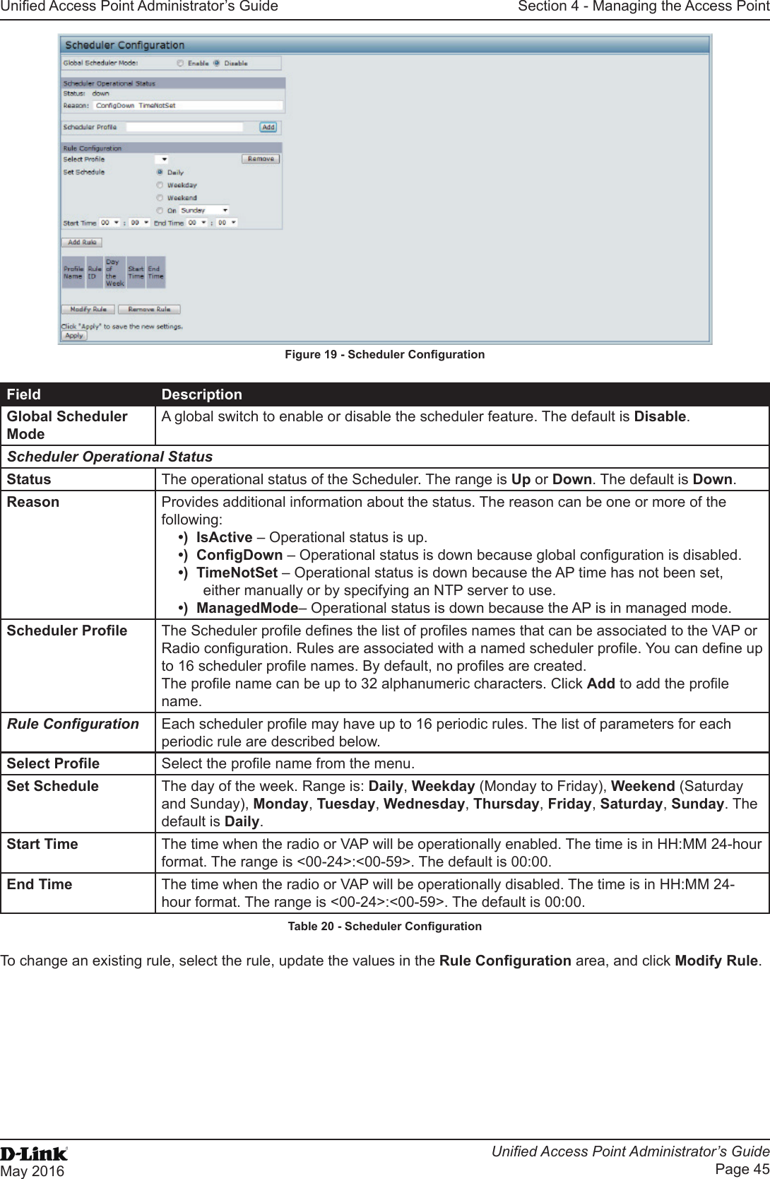 Unied Access Point Administrator’s GuideUnied Access Point Administrator’s GuidePage 45May 2016Section 4 - Managing the Access PointFigure 19 - Scheduler CongurationField DescriptionGlobal Scheduler ModeA global switch to enable or disable the scheduler feature. The default is Disable.Scheduler Operational StatusStatus The operational status of the Scheduler. The range is Up or Down. The default is Down.Reason Provides additional information about the status. The reason can be one or more of the following:•)  IsActive – Operational status is up.•)  CongDown – Operational status is down because global conguration is disabled.•)  TimeNotSet – Operational status is down because the AP time has not been set, either manually or by specifying an NTP server to use.•)  ManagedMode– Operational status is down because the AP is in managed mode.Scheduler Prole The Scheduler prole denes the list of proles names that can be associated to the VAP or Radio conguration. Rules are associated with a named scheduler prole. You can dene up to 16 scheduler prole names. By default, no proles are created.The prole name can be up to 32 alphanumeric characters. Click Add to add the prole name.Rule Conguration Each scheduler prole may have up to 16 periodic rules. The list of parameters for each periodic rule are described below.Select Prole Select the prole name from the menu.Set Schedule The day of the week. Range is: Daily, Weekday (Monday to Friday), Weekend (Saturday and Sunday), Monday, Tuesday, Wednesday, Thursday, Friday, Saturday, Sunday. The default is Daily.Start Time The time when the radio or VAP will be operationally enabled. The time is in HH:MM 24-hour format. The range is &lt;00-24&gt;:&lt;00-59&gt;. The default is 00:00.End Time The time when the radio or VAP will be operationally disabled. The time is in HH:MM 24-hour format. The range is &lt;00-24&gt;:&lt;00-59&gt;. The default is 00:00.Table 20 - Scheduler CongurationTo change an existing rule, select the rule, update the values in the Rule Conguration area, and click Modify Rule.