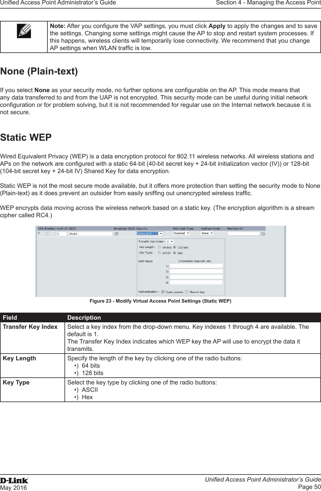 Unied Access Point Administrator’s GuideUnied Access Point Administrator’s GuidePage 50May 2016Section 4 - Managing the Access PointNote: After you congure the VAP settings, you must click Apply to apply the changes and to save the settings. Changing some settings might cause the AP to stop and restart system processes. If this happens, wireless clients will temporarily lose connectivity. We recommend that you change AP settings when WLAN trafc is low.None (Plain-text)If you select None as your security mode, no further options are congurable on the AP. This mode means that any data transferred to and from the UAP is not encrypted. This security mode can be useful during initial network conguration or for problem solving, but it is not recommended for regular use on the Internal network because it is not secure.Static WEPWired Equivalent Privacy (WEP) is a data encryption protocol for 802.11 wireless networks. All wireless stations and APs on the network are congured with a static 64-bit (40-bit secret key + 24-bit initialization vector (IV)) or 128-bit (104-bit secret key + 24-bit IV) Shared Key for data encryption.Static WEP is not the most secure mode available, but it offers more protection than setting the security mode to None (Plain-text) as it does prevent an outsider from easily snifng out unencrypted wireless trafc. WEP encrypts data moving across the wireless network based on a static key. (The encryption algorithm is a stream cipher called RC4.)Figure 23 - Modify Virtual Access Point Settings (Static WEP)Field  DescriptionTransfer Key Index Select a key index from the drop-down menu. Key indexes 1 through 4 are available. The default is 1.The Transfer Key Index indicates which WEP key the AP will use to encrypt the data it transmits.Key Length Specify the length of the key by clicking one of the radio buttons:•)  64 bits•)  128 bitsKey Type Select the key type by clicking one of the radio buttons:•)  ASCII•)  Hex