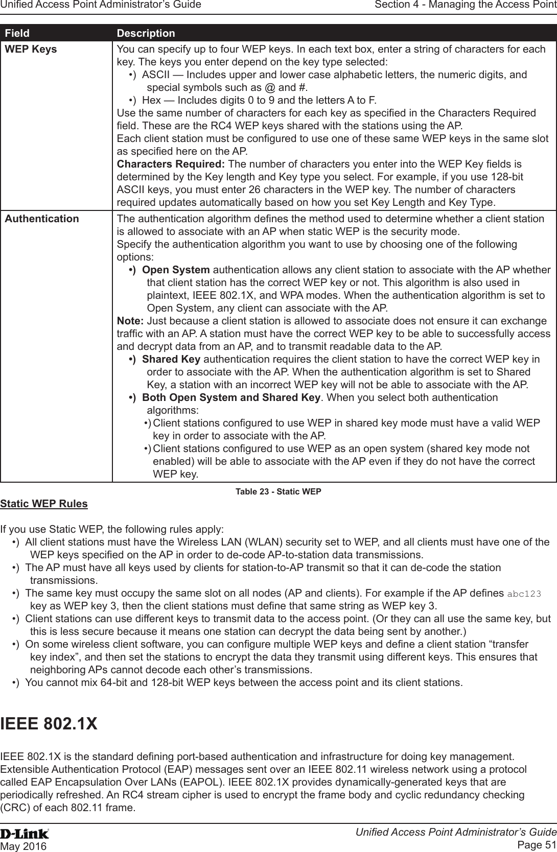 Unied Access Point Administrator’s GuideUnied Access Point Administrator’s GuidePage 51May 2016Section 4 - Managing the Access PointField  DescriptionWEP Keys You can specify up to four WEP keys. In each text box, enter a string of characters for each key. The keys you enter depend on the key type selected: •)  ASCII — Includes upper and lower case alphabetic letters, the numeric digits, and special symbols such as @ and #.•)  Hex — Includes digits 0 to 9 and the letters A to F.Use the same number of characters for each key as specied in the Characters Required eld. These are the RC4 WEP keys shared with the stations using the AP.Each client station must be congured to use one of these same WEP keys in the same slot as specied here on the AP. Characters Required: The number of characters you enter into the WEP Key elds is determined by the Key length and Key type you select. For example, if you use 128-bit ASCII keys, you must enter 26 characters in the WEP key. The number of characters required updates automatically based on how you set Key Length and Key Type.Authentication The authentication algorithm denes the method used to determine whether a client station is allowed to associate with an AP when static WEP is the security mode.Specify the authentication algorithm you want to use by choosing one of the following options:•)  Open System authentication allows any client station to associate with the AP whether that client station has the correct WEP key or not. This algorithm is also used in plaintext, IEEE 802.1X, and WPA modes. When the authentication algorithm is set to Open System, any client can associate with the AP.Note: Just because a client station is allowed to associate does not ensure it can exchange trafc with an AP. A station must have the correct WEP key to be able to successfully access and decrypt data from an AP, and to transmit readable data to the AP.•)  Shared Key authentication requires the client station to have the correct WEP key in order to associate with the AP. When the authentication algorithm is set to Shared Key, a station with an incorrect WEP key will not be able to associate with the AP.•)  Both Open System and Shared Key. When you select both authentication algorithms:•) Client stations congured to use WEP in shared key mode must have a valid WEP key in order to associate with the AP.•) Client stations congured to use WEP as an open system (shared key mode not enabled) will be able to associate with the AP even if they do not have the correct WEP key.Table 23 - Static WEPStatic WEP RulesIf you use Static WEP, the following rules apply:•)  All client stations must have the Wireless LAN (WLAN) security set to WEP, and all clients must have one of the WEP keys specied on the AP in order to de-code AP-to-station data transmissions.•)  The AP must have all keys used by clients for station-to-AP transmit so that it can de-code the station transmissions.•)  The same key must occupy the same slot on all nodes (AP and clients). For example if the AP denes abc123 key as WEP key 3, then the client stations must dene that same string as WEP key 3.•)  Client stations can use different keys to transmit data to the access point. (Or they can all use the same key, but this is less secure because it means one station can decrypt the data being sent by another.)•)  On some wireless client software, you can congure multiple WEP keys and dene a client station “transfer key index”, and then set the stations to encrypt the data they transmit using different keys. This ensures that neighboring APs cannot decode each other’s transmissions.•)  You cannot mix 64-bit and 128-bit WEP keys between the access point and its client stations.IEEE 802.1XIEEE 802.1X is the standard dening port-based authentication and infrastructure for doing key management. Extensible Authentication Protocol (EAP) messages sent over an IEEE 802.11 wireless network using a protocol called EAP Encapsulation Over LANs (EAPOL). IEEE 802.1X provides dynamically-generated keys that are periodically refreshed. An RC4 stream cipher is used to encrypt the frame body and cyclic redundancy checking (CRC) of each 802.11 frame.