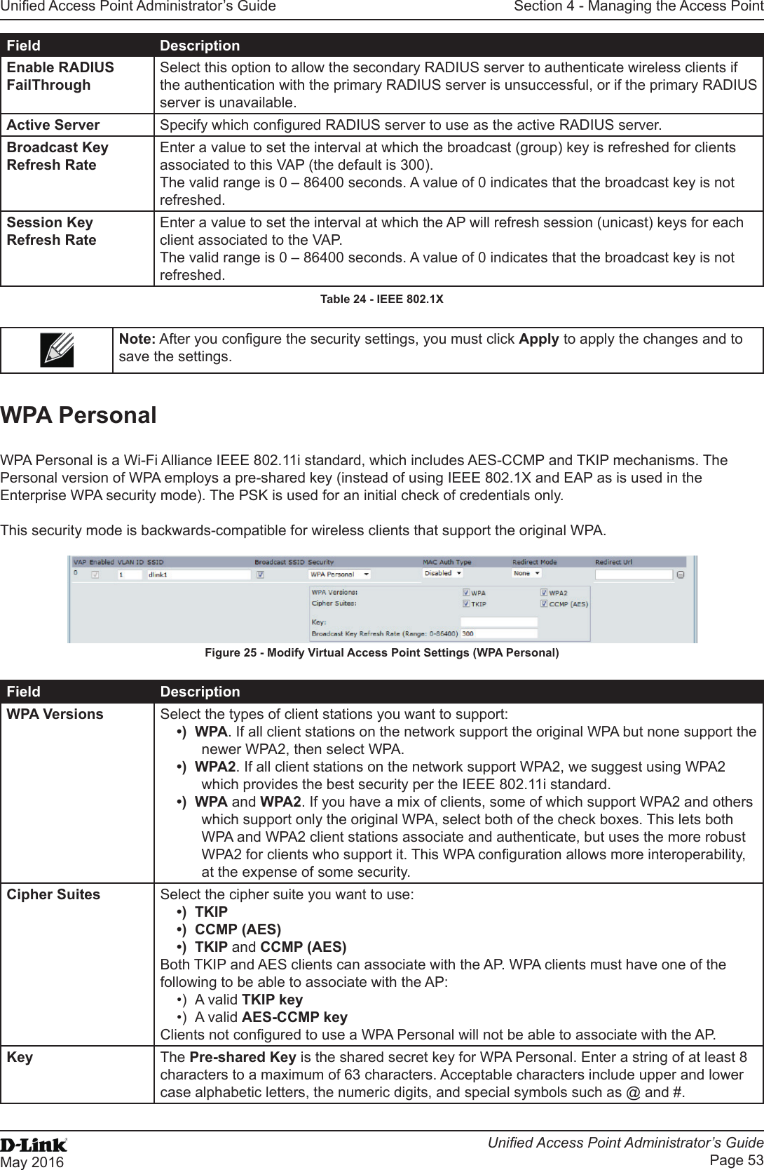 Unied Access Point Administrator’s GuideUnied Access Point Administrator’s GuidePage 53May 2016Section 4 - Managing the Access PointField DescriptionEnable RADIUS FailThroughSelect this option to allow the secondary RADIUS server to authenticate wireless clients if the authentication with the primary RADIUS server is unsuccessful, or if the primary RADIUS server is unavailable.Active Server Specify which congured RADIUS server to use as the active RADIUS server.Broadcast Key Refresh RateEnter a value to set the interval at which the broadcast (group) key is refreshed for clients associated to this VAP (the default is 300). The valid range is 0 – 86400 seconds. A value of 0 indicates that the broadcast key is not refreshed.Session Key Refresh RateEnter a value to set the interval at which the AP will refresh session (unicast) keys for each client associated to the VAP. The valid range is 0 – 86400 seconds. A value of 0 indicates that the broadcast key is not refreshed.Table 24 - IEEE 802.1XNote: After you congure the security settings, you must click Apply to apply the changes and to save the settings. WPA PersonalWPA Personal is a Wi-Fi Alliance IEEE 802.11i standard, which includes AES-CCMP and TKIP mechanisms. The Personal version of WPA employs a pre-shared key (instead of using IEEE 802.1X and EAP as is used in the Enterprise WPA security mode). The PSK is used for an initial check of credentials only.This security mode is backwards-compatible for wireless clients that support the original WPA.Figure 25 - Modify Virtual Access Point Settings (WPA Personal)Field DescriptionWPA Versions Select the types of client stations you want to support:•)  WPA. If all client stations on the network support the original WPA but none support the newer WPA2, then select WPA.•)  WPA2. If all client stations on the network support WPA2, we suggest using WPA2 which provides the best security per the IEEE 802.11i standard.•)  WPA and WPA2. If you have a mix of clients, some of which support WPA2 and others which support only the original WPA, select both of the check boxes. This lets both WPA and WPA2 client stations associate and authenticate, but uses the more robust WPA2 for clients who support it. This WPA conguration allows more interoperability, at the expense of some security.Cipher Suites Select the cipher suite you want to use:•)  TKIP•)  CCMP (AES)•)  TKIP and CCMP (AES)Both TKIP and AES clients can associate with the AP. WPA clients must have one of the following to be able to associate with the AP:•)  A valid TKIP key•)  A valid AES-CCMP keyClients not congured to use a WPA Personal will not be able to associate with the AP.Key The Pre-shared Key is the shared secret key for WPA Personal. Enter a string of at least 8 characters to a maximum of 63 characters. Acceptable characters include upper and lower case alphabetic letters, the numeric digits, and special symbols such as @ and #.