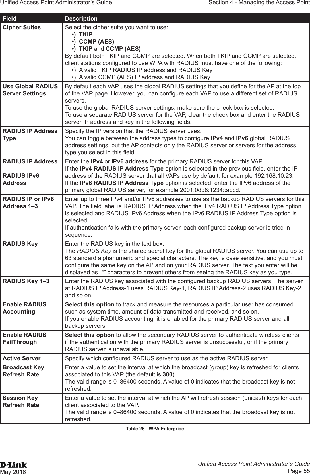 Unied Access Point Administrator’s GuideUnied Access Point Administrator’s GuidePage 55May 2016Section 4 - Managing the Access PointField DescriptionCipher Suites Select the cipher suite you want to use:•)  TKIP•)  CCMP (AES)•)  TKIP and CCMP (AES)By default both TKIP and CCMP are selected. When both TKIP and CCMP are selected, client stations congured to use WPA with RADIUS must have one of the following:•)  A valid TKIP RADIUS IP address and RADIUS Key•)  A valid CCMP (AES) IP address and RADIUS KeyUse Global RADIUS Server SettingsBy default each VAP uses the global RADIUS settings that you dene for the AP at the top of the VAP page. However, you can congure each VAP to use a different set of RADIUS servers. To use the global RADIUS server settings, make sure the check box is selected. To use a separate RADIUS server for the VAP, clear the check box and enter the RADIUS server IP address and key in the following elds.RADIUS IP Address TypeSpecify the IP version that the RADIUS server uses.You can toggle between the address types to congure IPv4 and IPv6 global RADIUS address settings, but the AP contacts only the RADIUS server or servers for the address type you select in this eld.RADIUS IP Address RADIUS IPv6 AddressEnter the IPv4 or IPv6 address for the primary RADIUS server for this VAP.If the IPv4 RADIUS IP Address Type option is selected in the previous eld, enter the IP address of the RADIUS server that all VAPs use by default, for example 192.168.10.23. If the IPv6 RADIUS IP Address Type option is selected, enter the IPv6 address of the primary global RADIUS server, for example 2001:0db8:1234::abcd.RADIUS IP or IPv6 Address 1–3Enter up to three IPv4 and/or IPv6 addresses to use as the backup RADIUS servers for this VAP. The eld label is RADIUS IP Address when the IPv4 RADIUS IP Address Type option is selected and RADIUS IPv6 Address when the IPv6 RADIUS IP Address Type option is selected.If authentication fails with the primary server, each congured backup server is tried in sequence.RADIUS Key Enter the RADIUS key in the text box.The RADIUS Key is the shared secret key for the global RADIUS server. You can use up to 63 standard alphanumeric and special characters. The key is case sensitive, and you must congure the same key on the AP and on your RADIUS server. The text you enter will be displayed as “*” characters to prevent others from seeing the RADIUS key as you type.RADIUS Key 1–3 Enter the RADIUS key associated with the congured backup RADIUS servers. The server at RADIUS IP Address-1 uses RADIUS Key-1, RADIUS IP Address-2 uses RADIUS Key-2, and so on.Enable RADIUS AccountingSelect this option to track and measure the resources a particular user has consumed such as system time, amount of data transmitted and received, and so on.If you enable RADIUS accounting, it is enabled for the primary RADIUS server and all backup servers.Enable RADIUS FailThroughSelect this option to allow the secondary RADIUS server to authenticate wireless clients if the authentication with the primary RADIUS server is unsuccessful, or if the primary RADIUS server is unavailable.Active Server Specify which congured RADIUS server to use as the active RADIUS server.Broadcast Key Refresh RateEnter a value to set the interval at which the broadcast (group) key is refreshed for clients associated to this VAP (the default is 300). The valid range is 0–86400 seconds. A value of 0 indicates that the broadcast key is not refreshed.Session Key Refresh RateEnter a value to set the interval at which the AP will refresh session (unicast) keys for each client associated to the VAP. The valid range is 0–86400 seconds. A value of 0 indicates that the broadcast key is not refreshed.Table 26 - WPA Enterprise