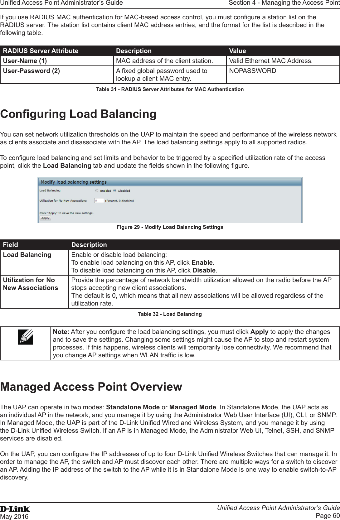 Unied Access Point Administrator’s GuideUnied Access Point Administrator’s GuidePage 60May 2016Section 4 - Managing the Access PointIf you use RADIUS MAC authentication for MAC-based access control, you must congure a station list on the RADIUS server. The station list contains client MAC address entries, and the format for the list is described in the following table.RADIUS Server Attribute Description ValueUser-Name (1) MAC address of the client station. Valid Ethernet MAC Address.User-Password (2) A xed global password used to lookup a client MAC entry.NOPASSWORDTable 31 - RADIUS Server Attributes for MAC AuthenticationConguring Load BalancingYou can set network utilization thresholds on the UAP to maintain the speed and performance of the wireless network as clients associate and disassociate with the AP. The load balancing settings apply to all supported radios. To congure load balancing and set limits and behavior to be triggered by a specied utilization rate of the access point, click the Load Balancing tab and update the elds shown in the following gure.Figure 29 - Modify Load Balancing SettingsField DescriptionLoad Balancing Enable or disable load balancing:To enable load balancing on this AP, click Enable.To disable load balancing on this AP, click Disable.Utilization for No New AssociationsProvide the percentage of network bandwidth utilization allowed on the radio before the AP stops accepting new client associations. The default is 0, which means that all new associations will be allowed regardless of the utilization rate.Table 32 - Load BalancingNote: After you congure the load balancing settings, you must click Apply to apply the changes and to save the settings. Changing some settings might cause the AP to stop and restart system processes. If this happens, wireless clients will temporarily lose connectivity. We recommend that you change AP settings when WLAN trafc is low. Managed Access Point OverviewThe UAP can operate in two modes: Standalone Mode or Managed Mode. In Standalone Mode, the UAP acts as an individual AP in the network, and you manage it by using the Administrator Web User Interface (UI), CLI, or SNMP. In Managed Mode, the UAP is part of the D-Link Unied Wired and Wireless System, and you manage it by using the D-Link Unied Wireless Switch. If an AP is in Managed Mode, the Administrator Web UI, Telnet, SSH, and SNMP services are disabled.On the UAP, you can congure the IP addresses of up to four D-Link Unied Wireless Switches that can manage it. In order to manage the AP, the switch and AP must discover each other. There are multiple ways for a switch to discover an AP. Adding the IP address of the switch to the AP while it is in Standalone Mode is one way to enable switch-to-AP discovery.