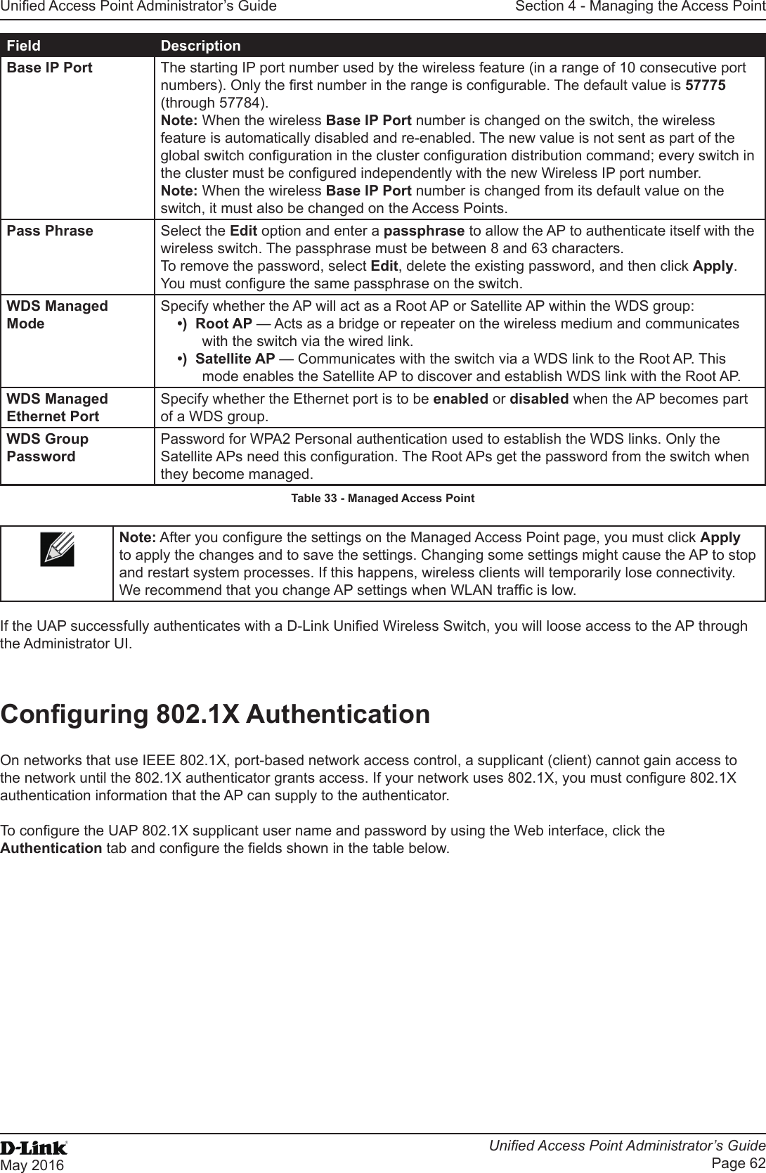 Unied Access Point Administrator’s GuideUnied Access Point Administrator’s GuidePage 62May 2016Section 4 - Managing the Access PointField DescriptionBase IP Port The starting IP port number used by the wireless feature (in a range of 10 consecutive port numbers). Only the rst number in the range is congurable. The default value is 57775 (through 57784).Note: When the wireless Base IP Port number is changed on the switch, the wireless feature is automatically disabled and re-enabled. The new value is not sent as part of the global switch conguration in the cluster conguration distribution command; every switch in the cluster must be congured independently with the new Wireless IP port number.Note: When the wireless Base IP Port number is changed from its default value on the switch, it must also be changed on the Access Points.Pass Phrase Select the Edit option and enter a passphrase to allow the AP to authenticate itself with the wireless switch. The passphrase must be between 8 and 63 characters. To remove the password, select Edit, delete the existing password, and then click Apply.You must congure the same passphrase on the switch.WDS Managed ModeSpecify whether the AP will act as a Root AP or Satellite AP within the WDS group:•)  Root AP — Acts as a bridge or repeater on the wireless medium and communicates with the switch via the wired link.•)  Satellite AP — Communicates with the switch via a WDS link to the Root AP. This mode enables the Satellite AP to discover and establish WDS link with the Root AP.WDS Managed Ethernet PortSpecify whether the Ethernet port is to be enabled or disabled when the AP becomes part of a WDS group.WDS Group PasswordPassword for WPA2 Personal authentication used to establish the WDS links. Only the Satellite APs need this conguration. The Root APs get the password from the switch when they become managed.Table 33 - Managed Access PointNote: After you congure the settings on the Managed Access Point page, you must click Apply to apply the changes and to save the settings. Changing some settings might cause the AP to stop and restart system processes. If this happens, wireless clients will temporarily lose connectivity. We recommend that you change AP settings when WLAN trafc is low. If the UAP successfully authenticates with a D-Link Unied Wireless Switch, you will loose access to the AP through the Administrator UI.Conguring 802.1X AuthenticationOn networks that use IEEE 802.1X, port-based network access control, a supplicant (client) cannot gain access to the network until the 802.1X authenticator grants access. If your network uses 802.1X, you must congure 802.1X authentication information that the AP can supply to the authenticator.To congure the UAP 802.1X supplicant user name and password by using the Web interface, click the Authentication tab and congure the elds shown in the table below.