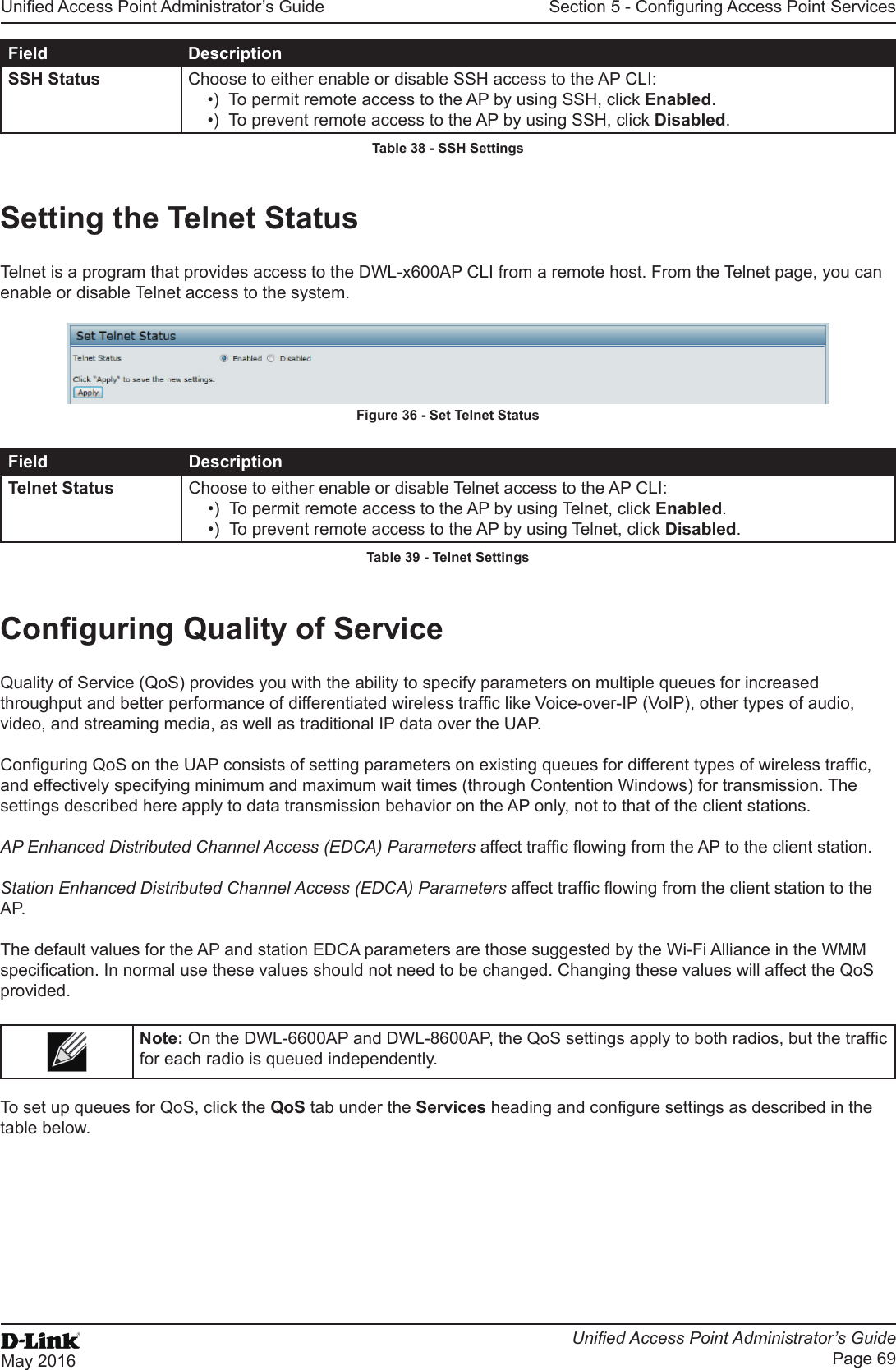 Unied Access Point Administrator’s GuideUnied Access Point Administrator’s GuidePage 69May 2016Section 5 - Conguring Access Point ServicesField DescriptionSSH Status Choose to either enable or disable SSH access to the AP CLI:•)  To permit remote access to the AP by using SSH, click Enabled.•)  To prevent remote access to the AP by using SSH, click Disabled.Table 38 - SSH SettingsSetting the Telnet StatusTelnet is a program that provides access to the DWL-x600AP CLI from a remote host. From the Telnet page, you can enable or disable Telnet access to the system. Figure 36 - Set Telnet StatusField DescriptionTelnet Status Choose to either enable or disable Telnet access to the AP CLI:•)  To permit remote access to the AP by using Telnet, click Enabled.•)  To prevent remote access to the AP by using Telnet, click Disabled.Table 39 - Telnet SettingsConguring Quality of ServiceQuality of Service (QoS) provides you with the ability to specify parameters on multiple queues for increased throughput and better performance of differentiated wireless trafc like Voice-over-IP (VoIP), other types of audio, video, and streaming media, as well as traditional IP data over the UAP.Conguring QoS on the UAP consists of setting parameters on existing queues for different types of wireless trafc, and effectively specifying minimum and maximum wait times (through Contention Windows) for transmission. The settings described here apply to data transmission behavior on the AP only, not to that of the client stations.AP Enhanced Distributed Channel Access (EDCA) Parameters affect trafc owing from the AP to the client station.Station Enhanced Distributed Channel Access (EDCA) Parameters affect trafc owing from the client station to the A P.The default values for the AP and station EDCA parameters are those suggested by the Wi-Fi Alliance in the WMM specication. In normal use these values should not need to be changed. Changing these values will affect the QoS provided.Note: On the DWL-6600AP and DWL-8600AP, the QoS settings apply to both radios, but the trafc for each radio is queued independently. To set up queues for QoS, click the QoS tab under the Services heading and congure settings as described in the table below.