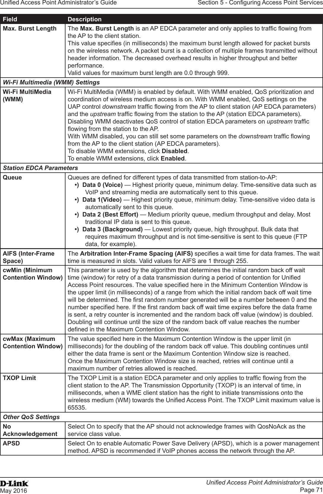 Unied Access Point Administrator’s GuideUnied Access Point Administrator’s GuidePage 71May 2016Section 5 - Conguring Access Point ServicesField DescriptionMax. Burst Length The Max. Burst Length is an AP EDCA parameter and only applies to trafc owing from the AP to the client station.This value species (in milliseconds) the maximum burst length allowed for packet bursts on the wireless network. A packet burst is a collection of multiple frames transmitted without header information. The decreased overhead results in higher throughput and better performance.Valid values for maximum burst length are 0.0 through 999.Wi-Fi Multimedia (WMM) SettingsWi-Fi MultiMedia (WMM)Wi-Fi MultiMedia (WMM) is enabled by default. With WMM enabled, QoS prioritization and coordination of wireless medium access is on. With WMM enabled, QoS settings on the UAP control downstream trafc owing from the AP to client station (AP EDCA parameters) and the upstream trafc owing from the station to the AP (station EDCA parameters).Disabling WMM deactivates QoS control of station EDCA parameters on upstream trafc owing from the station to the AP.With WMM disabled, you can still set some parameters on the downstream trafc owing from the AP to the client station (AP EDCA parameters).To disable WMM extensions, click Disabled.To enable WMM extensions, click Enabled.Station EDCA ParametersQueue Queues are dened for different types of data transmitted from station-to-AP:•)  Data 0 (Voice) — Highest priority queue, minimum delay. Time-sensitive data such as VoIP and streaming media are automatically sent to this queue.•)  Data 1(Video) — Highest priority queue, minimum delay. Time-sensitive video data is automatically sent to this queue.•)  Data 2 (Best Effort) — Medium priority queue, medium throughput and delay. Most traditional IP data is sent to this queue.•)  Data 3 (Background) — Lowest priority queue, high throughput. Bulk data that requires maximum throughput and is not time-sensitive is sent to this queue (FTP data, for example).AIFS (Inter-Frame Space)The Arbitration Inter-Frame Spacing (AIFS) species a wait time for data frames. The wait time is measured in slots. Valid values for AIFS are 1 through 255.cwMin (Minimum Contention Window)This parameter is used by the algorithm that determines the initial random back off wait time (window) for retry of a data transmission during a period of contention for Unied Access Point resources. The value specied here in the Minimum Contention Window is the upper limit (in milliseconds) of a range from which the initial random back off wait time will be determined. The rst random number generated will be a number between 0 and the number specied here. If the rst random back off wait time expires before the data frame is sent, a retry counter is incremented and the random back off value (window) is doubled. Doubling will continue until the size of the random back off value reaches the number dened in the Maximum Contention Window.cwMax (Maximum Contention Window)The value specied here in the Maximum Contention Window is the upper limit (in milliseconds) for the doubling of the random back off value. This doubling continues until either the data frame is sent or the Maximum Contention Window size is reached.Once the Maximum Contention Window size is reached, retries will continue until a maximum number of retries allowed is reached.TXOP Limit The TXOP Limit is a station EDCA parameter and only applies to trafc owing from the client station to the AP. The Transmission Opportunity (TXOP) is an interval of time, in milliseconds, when a WME client station has the right to initiate transmissions onto the wireless medium (WM) towards the Unied Access Point. The TXOP Limit maximum value is 65535.Other QoS SettingsNo AcknowledgementSelect On to specify that the AP should not acknowledge frames with QosNoAck as the service class value.APSD Select On to enable Automatic Power Save Delivery (APSD), which is a power management method. APSD is recommended if VoIP phones access the network through the AP.