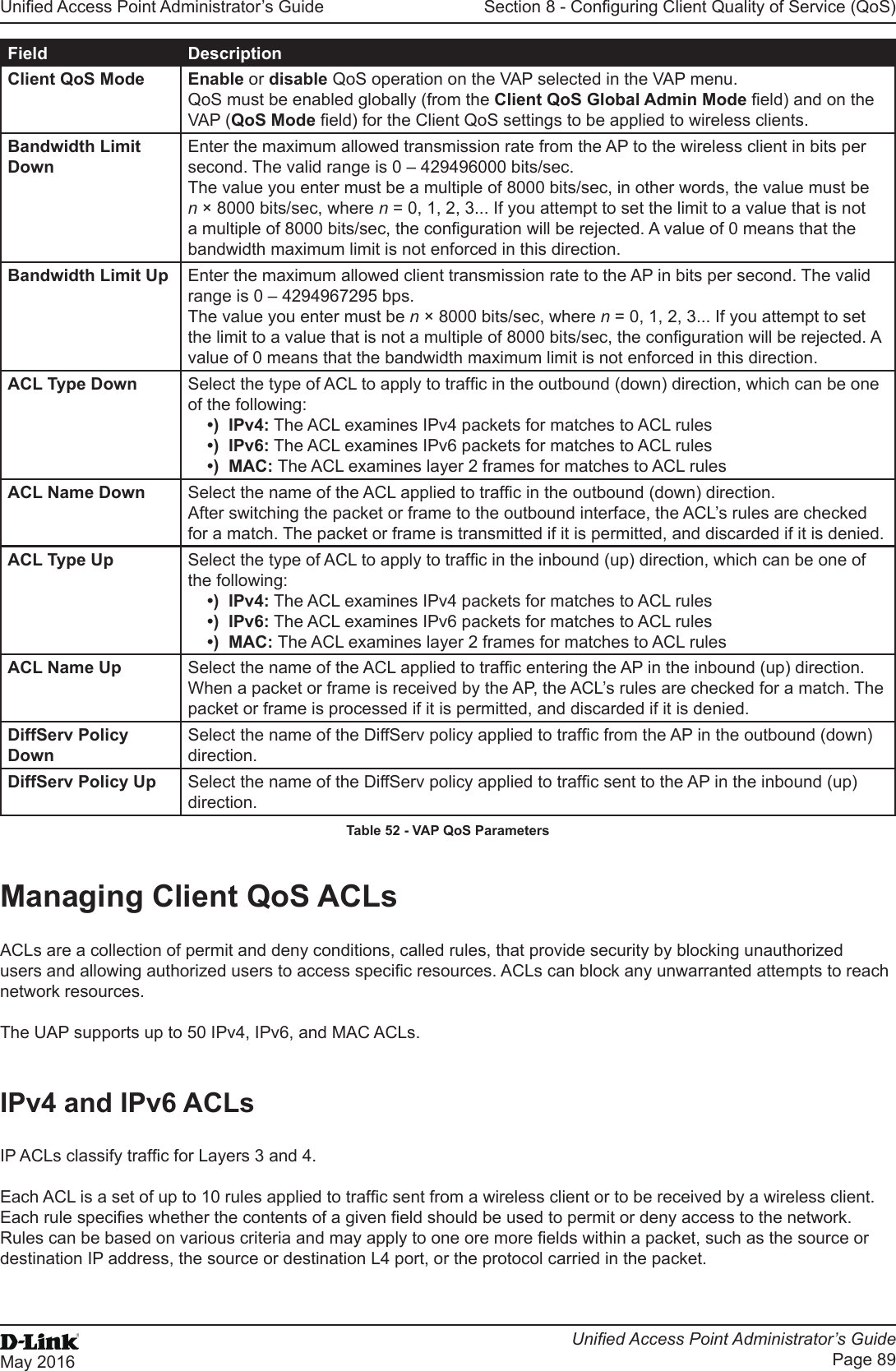 Unied Access Point Administrator’s GuideUnied Access Point Administrator’s GuidePage 89May 2016Section 8 - Conguring Client Quality of Service (QoS)Field DescriptionClient QoS Mode Enable or disable QoS operation on the VAP selected in the VAP menu. QoS must be enabled globally (from the Client QoS Global Admin Mode eld) and on the VAP (QoS Mode eld) for the Client QoS settings to be applied to wireless clients.Bandwidth Limit DownEnter the maximum allowed transmission rate from the AP to the wireless client in bits per second. The valid range is 0 – 429496000 bits/sec.The value you enter must be a multiple of 8000 bits/sec, in other words, the value must be n × 8000 bits/sec, where n = 0, 1, 2, 3... If you attempt to set the limit to a value that is not a multiple of 8000 bits/sec, the conguration will be rejected. A value of 0 means that the bandwidth maximum limit is not enforced in this direction.Bandwidth Limit Up Enter the maximum allowed client transmission rate to the AP in bits per second. The valid range is 0 – 4294967295 bps.The value you enter must be n × 8000 bits/sec, where n = 0, 1, 2, 3... If you attempt to set the limit to a value that is not a multiple of 8000 bits/sec, the conguration will be rejected. A value of 0 means that the bandwidth maximum limit is not enforced in this direction.ACL Type Down Select the type of ACL to apply to trafc in the outbound (down) direction, which can be one of the following: •)  IPv4: The ACL examines IPv4 packets for matches to ACL rules•)  IPv6: The ACL examines IPv6 packets for matches to ACL rules•)  MAC: The ACL examines layer 2 frames for matches to ACL rulesACL Name Down Select the name of the ACL applied to trafc in the outbound (down) direction. After switching the packet or frame to the outbound interface, the ACL’s rules are checked for a match. The packet or frame is transmitted if it is permitted, and discarded if it is denied.ACL Type Up Select the type of ACL to apply to trafc in the inbound (up) direction, which can be one of the following: •)  IPv4: The ACL examines IPv4 packets for matches to ACL rules•)  IPv6: The ACL examines IPv6 packets for matches to ACL rules•)  MAC: The ACL examines layer 2 frames for matches to ACL rulesACL Name Up Select the name of the ACL applied to trafc entering the AP in the inbound (up) direction. When a packet or frame is received by the AP, the ACL’s rules are checked for a match. The packet or frame is processed if it is permitted, and discarded if it is denied.DiffServ Policy DownSelect the name of the DiffServ policy applied to trafc from the AP in the outbound (down) direction.DiffServ Policy Up Select the name of the DiffServ policy applied to trafc sent to the AP in the inbound (up) direction.Table 52 - VAP QoS ParametersManaging Client QoS ACLsACLs are a collection of permit and deny conditions, called rules, that provide security by blocking unauthorized users and allowing authorized users to access specic resources. ACLs can block any unwarranted attempts to reach network resources. The UAP supports up to 50 IPv4, IPv6, and MAC ACLs.IPv4 and IPv6 ACLsIP ACLs classify trafc for Layers 3 and 4.Each ACL is a set of up to 10 rules applied to trafc sent from a wireless client or to be received by a wireless client. Each rule species whether the contents of a given eld should be used to permit or deny access to the network. Rules can be based on various criteria and may apply to one ore more elds within a packet, such as the source or destination IP address, the source or destination L4 port, or the protocol carried in the packet. 