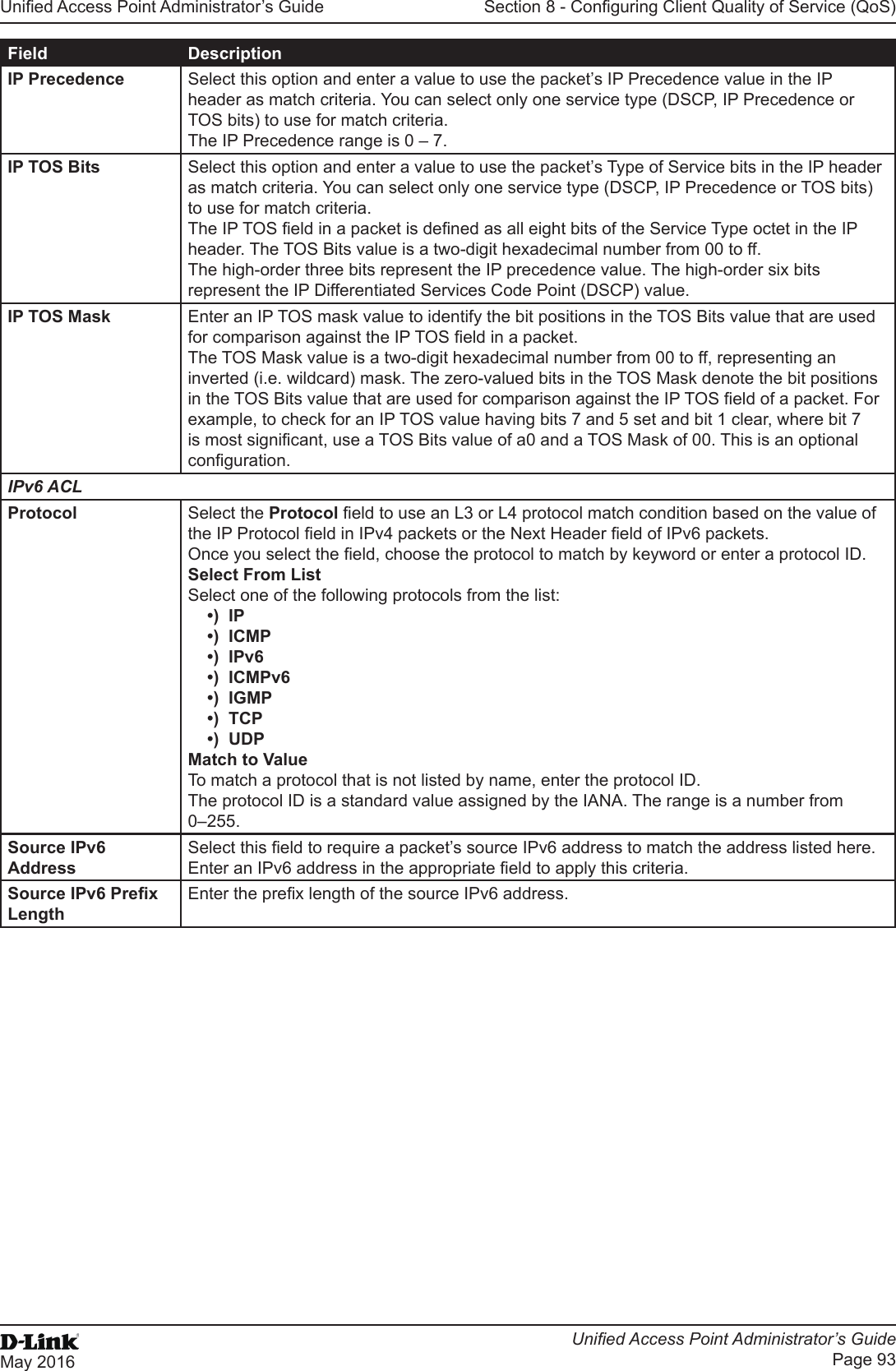 Unied Access Point Administrator’s GuideUnied Access Point Administrator’s GuidePage 93May 2016Section 8 - Conguring Client Quality of Service (QoS)Field DescriptionIP Precedence Select this option and enter a value to use the packet’s IP Precedence value in the IP header as match criteria. You can select only one service type (DSCP, IP Precedence or TOS bits) to use for match criteria.The IP Precedence range is 0 – 7.IP TOS Bits Select this option and enter a value to use the packet’s Type of Service bits in the IP header as match criteria. You can select only one service type (DSCP, IP Precedence or TOS bits) to use for match criteria.The IP TOS eld in a packet is dened as all eight bits of the Service Type octet in the IP header. The TOS Bits value is a two-digit hexadecimal number from 00 to ff. The high-order three bits represent the IP precedence value. The high-order six bits represent the IP Differentiated Services Code Point (DSCP) value.IP TOS Mask Enter an IP TOS mask value to identify the bit positions in the TOS Bits value that are used for comparison against the IP TOS eld in a packet. The TOS Mask value is a two-digit hexadecimal number from 00 to ff, representing an inverted (i.e. wildcard) mask. The zero-valued bits in the TOS Mask denote the bit positions in the TOS Bits value that are used for comparison against the IP TOS eld of a packet. For example, to check for an IP TOS value having bits 7 and 5 set and bit 1 clear, where bit 7 is most signicant, use a TOS Bits value of a0 and a TOS Mask of 00. This is an optional conguration.IPv6 ACLProtocol Select the Protocol eld to use an L3 or L4 protocol match condition based on the value of the IP Protocol eld in IPv4 packets or the Next Header eld of IPv6 packets.Once you select the eld, choose the protocol to match by keyword or enter a protocol ID.Select From ListSelect one of the following protocols from the list: •)  IP•)  ICMP•)  IPv6•)  ICMPv6•)  IGMP•)  TCP•)  UDPMatch to ValueTo match a protocol that is not listed by name, enter the protocol ID. The protocol ID is a standard value assigned by the IANA. The range is a number from 0–255.Source IPv6 AddressSelect this eld to require a packet’s source IPv6 address to match the address listed here. Enter an IPv6 address in the appropriate eld to apply this criteria.Source IPv6 Prex LengthEnter the prex length of the source IPv6 address.