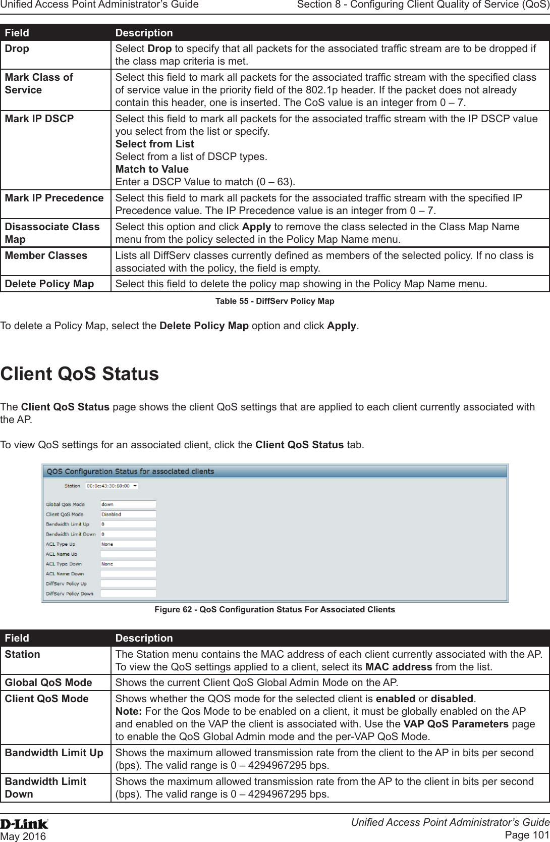 Unied Access Point Administrator’s GuideUnied Access Point Administrator’s GuidePage 101May 2016Section 8 - Conguring Client Quality of Service (QoS)Field DescriptionDrop Select Drop to specify that all packets for the associated trafc stream are to be dropped if the class map criteria is met.Mark Class of ServiceSelect this eld to mark all packets for the associated trafc stream with the specied class of service value in the priority eld of the 802.1p header. If the packet does not already contain this header, one is inserted. The CoS value is an integer from 0 – 7.Mark IP DSCP Select this eld to mark all packets for the associated trafc stream with the IP DSCP value you select from the list or specify. Select from List Select from a list of DSCP types. Match to Value Enter a DSCP Value to match (0 – 63).Mark IP Precedence Select this eld to mark all packets for the associated trafc stream with the specied IP Precedence value. The IP Precedence value is an integer from 0 – 7.Disassociate Class MapSelect this option and click Apply to remove the class selected in the Class Map Name menu from the policy selected in the Policy Map Name menu.Member Classes Lists all DiffServ classes currently dened as members of the selected policy. If no class is associated with the policy, the eld is empty.Delete Policy Map Select this eld to delete the policy map showing in the Policy Map Name menu.Table 55 - DiffServ Policy MapTo delete a Policy Map, select the Delete Policy Map option and click Apply. Client QoS StatusThe Client QoS Status page shows the client QoS settings that are applied to each client currently associated with the AP.To view QoS settings for an associated client, click the Client QoS Status tab.Figure 62 - QoS Conguration Status For Associated ClientsField DescriptionStation The Station menu contains the MAC address of each client currently associated with the AP. To view the QoS settings applied to a client, select its MAC address from the list.Global QoS Mode Shows the current Client QoS Global Admin Mode on the AP.Client QoS Mode Shows whether the QOS mode for the selected client is enabled or disabled. Note: For the Qos Mode to be enabled on a client, it must be globally enabled on the AP and enabled on the VAP the client is associated with. Use the VAP QoS Parameters page to enable the QoS Global Admin mode and the per-VAP QoS Mode.Bandwidth Limit Up Shows the maximum allowed transmission rate from the client to the AP in bits per second (bps). The valid range is 0 – 4294967295 bps.Bandwidth Limit DownShows the maximum allowed transmission rate from the AP to the client in bits per second (bps). The valid range is 0 – 4294967295 bps.