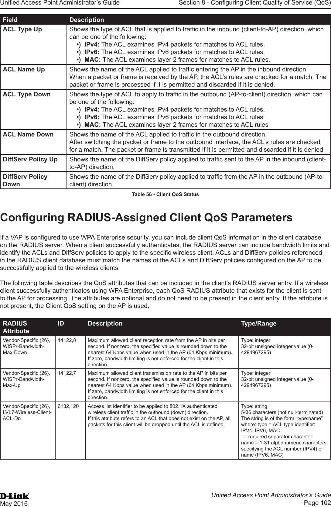 Unied Access Point Administrator’s GuideUnied Access Point Administrator’s GuidePage 102May 2016Section 8 - Conguring Client Quality of Service (QoS)Field DescriptionACL Type Up Shows the type of ACL that is applied to trafc in the inbound (client-to-AP) direction, which can be one of the following: •)  IPv4: The ACL examines IPv4 packets for matches to ACL rules.•)  IPv6: The ACL examines IPv6 packets for matches to ACL rules.•)  MAC: The ACL examines layer 2 frames for matches to ACL rules.ACL Name Up Shows the name of the ACL applied to trafc entering the AP in the inbound direction. When a packet or frame is received by the AP, the ACL’s rules are checked for a match. The packet or frame is processed if it is permitted and discarded if it is denied.ACL Type Down Shows the type of ACL to apply to trafc in the outbound (AP-to-client) direction, which can be one of the following: •)  IPv4: The ACL examines IPv4 packets for matches to ACL rules.•)  IPv6: The ACL examines IPv6 packets for matches to ACL rules•)  MAC: The ACL examines layer 2 frames for matches to ACL rulesACL Name Down Shows the name of the ACL applied to trafc in the outbound direction. After switching the packet or frame to the outbound interface, the ACL’s rules are checked for a match. The packet or frame is transmitted if it is permitted and discarded if it is denied.DiffServ Policy Up Shows the name of the DiffServ policy applied to trafc sent to the AP in the inbound (client-to-AP) direction.DiffServ Policy DownShows the name of the DiffServ policy applied to trafc from the AP in the outbound (AP-to-client) direction.Table 56 - Client QoS StatusConguring RADIUS-Assigned Client QoS ParametersIf a VAP is congured to use WPA Enterprise security, you can include client QoS information in the client database on the RADIUS server. When a client successfully authenticates, the RADIUS server can include bandwidth limits and identify the ACLs and DiffServ policies to apply to the specic wireless client. ACLs and DiffServ policies referenced in the RADIUS client database must match the names of the ACLs and DiffServ policies congured on the AP to be successfully applied to the wireless clients.The following table describes the QoS attributes that can be included in the client’s RADIUS server entry. If a wireless client successfully authenticates using WPA Enterprise, each QoS RADIUS attribute that exists for the client is sent to the AP for processing. The attributes are optional and do not need to be present in the client entry. If the attribute is not present, the Client QoS setting on the AP is used.RADIUS AttributeID Description Type/RangeVendor-Specic (26), WISPr-Bandwidth-Max-Down14122,8 Maximum allowed client reception rate from the AP in bits per second. If nonzero, the specied value is rounded down to the nearest 64 Kbps value when used in the AP (64 Kbps minimum). If zero, bandwidth limiting is not enforced for the client in this direction.Type: integer32-bit unsigned integer value (0-4294967295)Vendor-Specic (26), WISPr-Bandwidth-Max-Up14122,7 Maximum allowed client transmission rate to the AP in bits per second. If nonzero, the specied value is rounded down to the nearest 64 Kbps value when used in the AP (64 Kbps minimum). If zero, bandwidth limiting is not enforced for the client in this direction.Type: integer32-bit unsigned integer value (0-4294967295)Vendor-Specic (26), LVL7-Wireless-Client-ACL-Dn6132,120 Access list identier to be applied to 802.1X authenticated wireless client trafc in the outbound (down) direction.If this attribute refers to an ACL that does not exist on the AP, all packets for this client will be dropped until the ACL is dened.Type: string5-36 characters (not null-terminated)The string is of the form “type:name” where: type = ACL type identier: IPV4, IPV6, MAC: = required separator charactername = 1-31 alphanumeric characters, specifying the ACL number (IPV4) or name (IPV6, MAC)