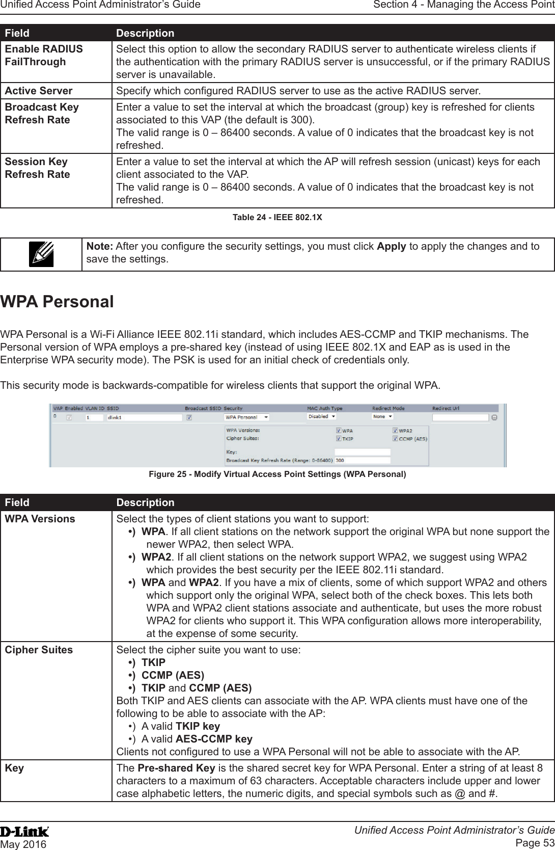 Unied Access Point Administrator’s GuideUnied Access Point Administrator’s GuidePage 53May 2016Section 4 - Managing the Access PointField DescriptionEnable RADIUS FailThroughSelect this option to allow the secondary RADIUS server to authenticate wireless clients if the authentication with the primary RADIUS server is unsuccessful, or if the primary RADIUS server is unavailable.Active Server Specify which congured RADIUS server to use as the active RADIUS server.Broadcast Key Refresh RateEnter a value to set the interval at which the broadcast (group) key is refreshed for clients associated to this VAP (the default is 300). The valid range is 0 – 86400 seconds. A value of 0 indicates that the broadcast key is not refreshed.Session Key Refresh RateEnter a value to set the interval at which the AP will refresh session (unicast) keys for each client associated to the VAP. The valid range is 0 – 86400 seconds. A value of 0 indicates that the broadcast key is not refreshed.Table 24 - IEEE 802.1XNote: After you congure the security settings, you must click Apply to apply the changes and to save the settings. WPA PersonalWPA Personal is a Wi-Fi Alliance IEEE 802.11i standard, which includes AES-CCMP and TKIP mechanisms. The Personal version of WPA employs a pre-shared key (instead of using IEEE 802.1X and EAP as is used in the Enterprise WPA security mode). The PSK is used for an initial check of credentials only.This security mode is backwards-compatible for wireless clients that support the original WPA.Figure 25 - Modify Virtual Access Point Settings (WPA Personal)Field DescriptionWPA Versions Select the types of client stations you want to support:•)  WPA. If all client stations on the network support the original WPA but none support the newer WPA2, then select WPA.•)  WPA2. If all client stations on the network support WPA2, we suggest using WPA2 which provides the best security per the IEEE 802.11i standard.•)  WPA and WPA2. If you have a mix of clients, some of which support WPA2 and others which support only the original WPA, select both of the check boxes. This lets both WPA and WPA2 client stations associate and authenticate, but uses the more robust WPA2 for clients who support it. This WPA conguration allows more interoperability, at the expense of some security.Cipher Suites Select the cipher suite you want to use:•)  TKIP•)  CCMP (AES)•)  TKIP and CCMP (AES)Both TKIP and AES clients can associate with the AP. WPA clients must have one of the following to be able to associate with the AP:•)  A valid TKIP key•)  A valid AES-CCMP keyClients not congured to use a WPA Personal will not be able to associate with the AP.Key The Pre-shared Key is the shared secret key for WPA Personal. Enter a string of at least 8 characters to a maximum of 63 characters. Acceptable characters include upper and lower case alphabetic letters, the numeric digits, and special symbols such as @ and #.