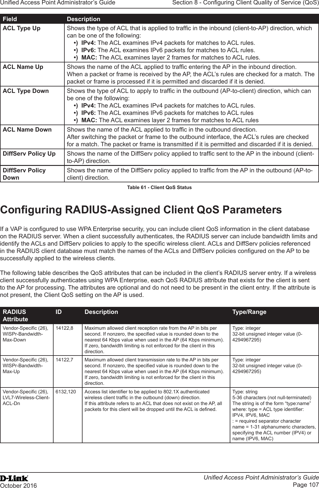 Unied Access Point Administrator’s GuideUnied Access Point Administrator’s GuidePage 107October 2016Section 8 - Conguring Client Quality of Service (QoS)Field DescriptionACL Type Up Shows the type of ACL that is applied to trafc in the inbound (client-to-AP) direction, which can be one of the following: •)  IPv4: The ACL examines IPv4 packets for matches to ACL rules.•)  IPv6: The ACL examines IPv6 packets for matches to ACL rules.•)  MAC: The ACL examines layer 2 frames for matches to ACL rules.ACL Name Up Shows the name of the ACL applied to trafc entering the AP in the inbound direction. When a packet or frame is received by the AP, the ACL’s rules are checked for a match. The packet or frame is processed if it is permitted and discarded if it is denied.ACL Type Down Shows the type of ACL to apply to trafc in the outbound (AP-to-client) direction, which can be one of the following: •)  IPv4: The ACL examines IPv4 packets for matches to ACL rules.•)  IPv6: The ACL examines IPv6 packets for matches to ACL rules•)  MAC: The ACL examines layer 2 frames for matches to ACL rulesACL Name Down Shows the name of the ACL applied to trafc in the outbound direction. After switching the packet or frame to the outbound interface, the ACL’s rules are checked for a match. The packet or frame is transmitted if it is permitted and discarded if it is denied.DiffServ Policy Up Shows the name of the DiffServ policy applied to trafc sent to the AP in the inbound (client-to-AP) direction.DiffServ Policy DownShows the name of the DiffServ policy applied to trafc from the AP in the outbound (AP-to-client) direction.Table 61 - Client QoS StatusConguring RADIUS-Assigned Client QoS ParametersIf a VAP is congured to use WPA Enterprise security, you can include client QoS information in the client database on the RADIUS server. When a client successfully authenticates, the RADIUS server can include bandwidth limits and identify the ACLs and DiffServ policies to apply to the specic wireless client. ACLs and DiffServ policies referenced in the RADIUS client database must match the names of the ACLs and DiffServ policies congured on the AP to be successfully applied to the wireless clients.The following table describes the QoS attributes that can be included in the client’s RADIUS server entry. If a wireless client successfully authenticates using WPA Enterprise, each QoS RADIUS attribute that exists for the client is sent to the AP for processing. The attributes are optional and do not need to be present in the client entry. If the attribute is not present, the Client QoS setting on the AP is used.RADIUS AttributeID Description Type/RangeVendor-Specic (26), WISPr-Bandwidth-Max-Down14122,8 Maximum allowed client reception rate from the AP in bits per second. If nonzero, the specied value is rounded down to the nearest 64 Kbps value when used in the AP (64 Kbps minimum). If zero, bandwidth limiting is not enforced for the client in this direction.Type: integer32-bit unsigned integer value (0-4294967295)Vendor-Specic (26), WISPr-Bandwidth-Max-Up14122,7 Maximum allowed client transmission rate to the AP in bits per second. If nonzero, the specied value is rounded down to the nearest 64 Kbps value when used in the AP (64 Kbps minimum). If zero, bandwidth limiting is not enforced for the client in this direction.Type: integer32-bit unsigned integer value (0-4294967295)Vendor-Specic (26), LVL7-Wireless-Client-ACL-Dn6132,120 Access list identier to be applied to 802.1X authenticated wireless client trafc in the outbound (down) direction.If this attribute refers to an ACL that does not exist on the AP, all packets for this client will be dropped until the ACL is dened.Type: string5-36 characters (not null-terminated)The string is of the form “type:name” where: type = ACL type identier: IPV4, IPV6, MAC: = required separator charactername = 1-31 alphanumeric characters, specifying the ACL number (IPV4) or name (IPV6, MAC)
