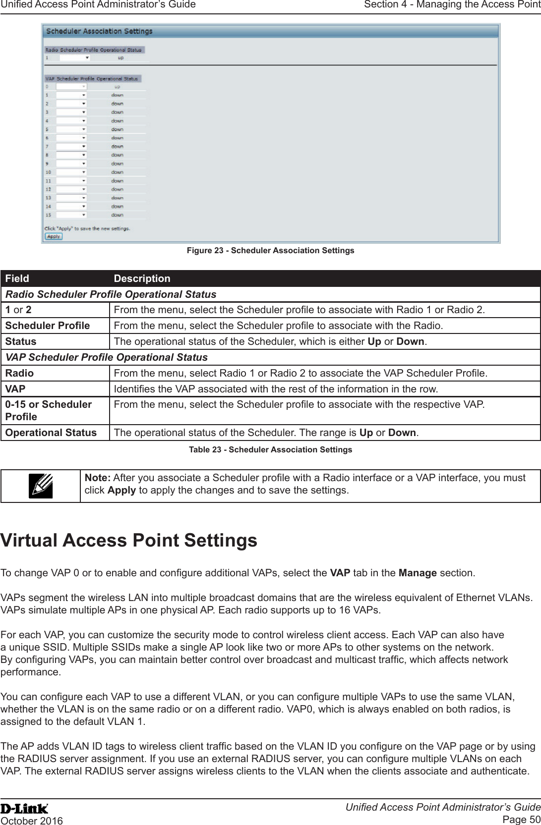Unied Access Point Administrator’s GuideUnied Access Point Administrator’s GuidePage 50October 2016Section 4 - Managing the Access PointFigure 23 - Scheduler Association SettingsField DescriptionRadio Scheduler Prole Operational Status1 or 2  From the menu, select the Scheduler prole to associate with Radio 1 or Radio 2.Scheduler Prole From the menu, select the Scheduler prole to associate with the Radio.Status The operational status of the Scheduler, which is either Up or Down.VAP Scheduler Prole Operational StatusRadio From the menu, select Radio 1 or Radio 2 to associate the VAP Scheduler Prole.VAP Identies the VAP associated with the rest of the information in the row. 0-15 or Scheduler ProleFrom the menu, select the Scheduler prole to associate with the respective VAP.Operational Status The operational status of the Scheduler. The range is Up or Down.Table 23 - Scheduler Association SettingsNote: After you associate a Scheduler prole with a Radio interface or a VAP interface, you must click Apply to apply the changes and to save the settings.Virtual Access Point SettingsTo change VAP 0 or to enable and congure additional VAPs, select the VAP tab in the Manage section.VAPs segment the wireless LAN into multiple broadcast domains that are the wireless equivalent of Ethernet VLANs. VAPs simulate multiple APs in one physical AP. Each radio supports up to 16 VAPs.For each VAP, you can customize the security mode to control wireless client access. Each VAP can also have a unique SSID. Multiple SSIDs make a single AP look like two or more APs to other systems on the network. By conguring VAPs, you can maintain better control over broadcast and multicast trafc, which affects network performance. You can congure each VAP to use a different VLAN, or you can congure multiple VAPs to use the same VLAN, whether the VLAN is on the same radio or on a different radio. VAP0, which is always enabled on both radios, is assigned to the default VLAN 1.The AP adds VLAN ID tags to wireless client trafc based on the VLAN ID you congure on the VAP page or by using the RADIUS server assignment. If you use an external RADIUS server, you can congure multiple VLANs on each VAP. The external RADIUS server assigns wireless clients to the VLAN when the clients associate and authenticate.