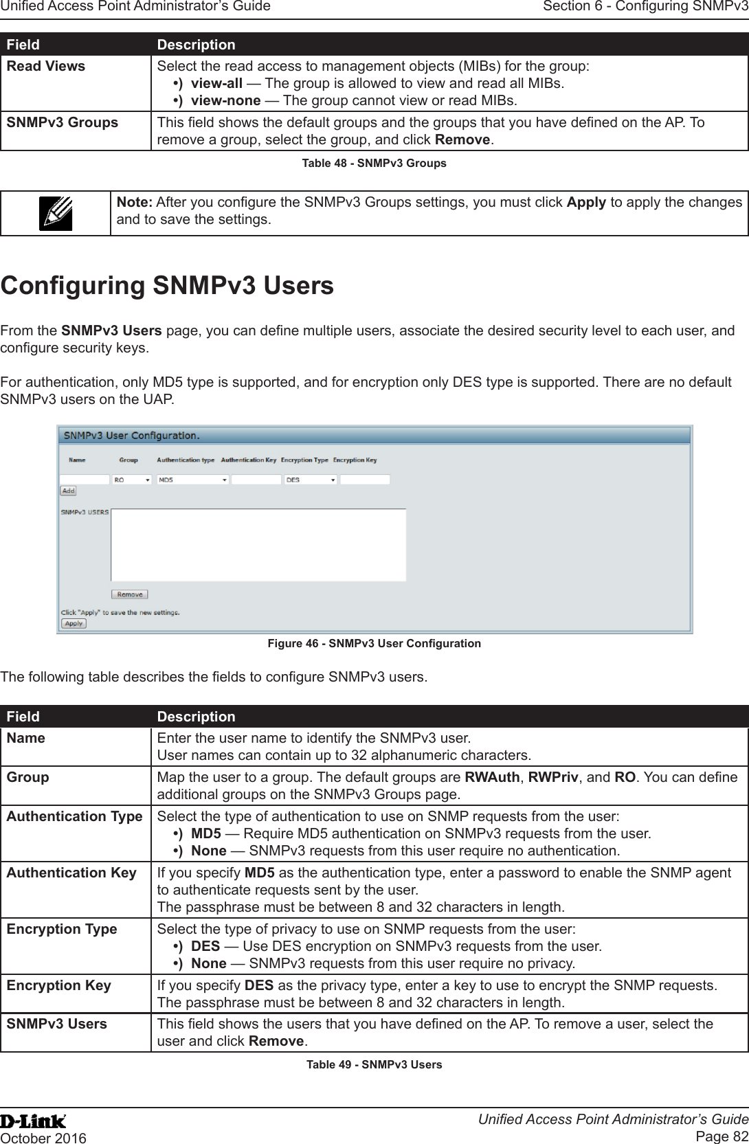 Unied Access Point Administrator’s GuideUnied Access Point Administrator’s GuidePage 82October 2016Section 6 - Conguring SNMPv3Field DescriptionRead Views Select the read access to management objects (MIBs) for the group:•)  view-all — The group is allowed to view and read all MIBs.•)  view-none — The group cannot view or read MIBs.SNMPv3 Groups This eld shows the default groups and the groups that you have dened on the AP. To remove a group, select the group, and click Remove.Table 48 - SNMPv3 GroupsNote: After you congure the SNMPv3 Groups settings, you must click Apply to apply the changes and to save the settings.Conguring SNMPv3 UsersFrom the SNMPv3 Users page, you can dene multiple users, associate the desired security level to each user, and congure security keys.For authentication, only MD5 type is supported, and for encryption only DES type is supported. There are no default SNMPv3 users on the UAP.Figure 46 - SNMPv3 User CongurationThe following table describes the elds to congure SNMPv3 users.Field DescriptionName Enter the user name to identify the SNMPv3 user. User names can contain up to 32 alphanumeric characters.Group Map the user to a group. The default groups are RWAuth, RWPriv, and RO. You can dene additional groups on the SNMPv3 Groups page.Authentication Type Select the type of authentication to use on SNMP requests from the user:•)  MD5 — Require MD5 authentication on SNMPv3 requests from the user.•)  None — SNMPv3 requests from this user require no authentication.Authentication Key If you specify MD5 as the authentication type, enter a password to enable the SNMP agent to authenticate requests sent by the user.The passphrase must be between 8 and 32 characters in length.Encryption Type Select the type of privacy to use on SNMP requests from the user:•)  DES — Use DES encryption on SNMPv3 requests from the user.•)  None — SNMPv3 requests from this user require no privacy.Encryption Key If you specify DES as the privacy type, enter a key to use to encrypt the SNMP requests.The passphrase must be between 8 and 32 characters in length.SNMPv3 Users This eld shows the users that you have dened on the AP. To remove a user, select the user and click Remove.Table 49 - SNMPv3 Users