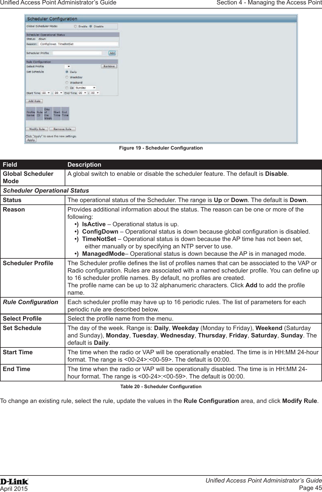 Unied Access Point Administrator’s GuideUnied Access Point Administrator’s GuidePage 45April 2015Section 4 - Managing the Access PointFigure 19 - Scheduler CongurationField DescriptionGlobal Scheduler ModeA global switch to enable or disable the scheduler feature. The default is Disable.Scheduler Operational StatusStatus The operational status of the Scheduler. The range is Up or Down. The default is Down.Reason Provides additional information about the status. The reason can be one or more of the following:•)  IsActive – Operational status is up.•)  CongDown – Operational status is down because global conguration is disabled.•)  TimeNotSet – Operational status is down because the AP time has not been set, either manually or by specifying an NTP server to use.•)  ManagedMode– Operational status is down because the AP is in managed mode.Scheduler Prole The Scheduler prole denes the list of proles names that can be associated to the VAP or Radio conguration. Rules are associated with a named scheduler prole. You can dene up to 16 scheduler prole names. By default, no proles are created.The prole name can be up to 32 alphanumeric characters. Click Add to add the prole name.Rule Conguration Each scheduler prole may have up to 16 periodic rules. The list of parameters for each periodic rule are described below.Select Prole Select the prole name from the menu.Set Schedule The day of the week. Range is: Daily, Weekday (Monday to Friday), Weekend (Saturday and Sunday), Monday, Tuesday, Wednesday, Thursday, Friday, Saturday, Sunday. The default is Daily.Start Time The time when the radio or VAP will be operationally enabled. The time is in HH:MM 24-hour format. The range is &lt;00-24&gt;:&lt;00-59&gt;. The default is 00:00.End Time The time when the radio or VAP will be operationally disabled. The time is in HH:MM 24-hour format. The range is &lt;00-24&gt;:&lt;00-59&gt;. The default is 00:00.Table 20 - Scheduler CongurationTo change an existing rule, select the rule, update the values in the Rule Conguration area, and click Modify Rule.