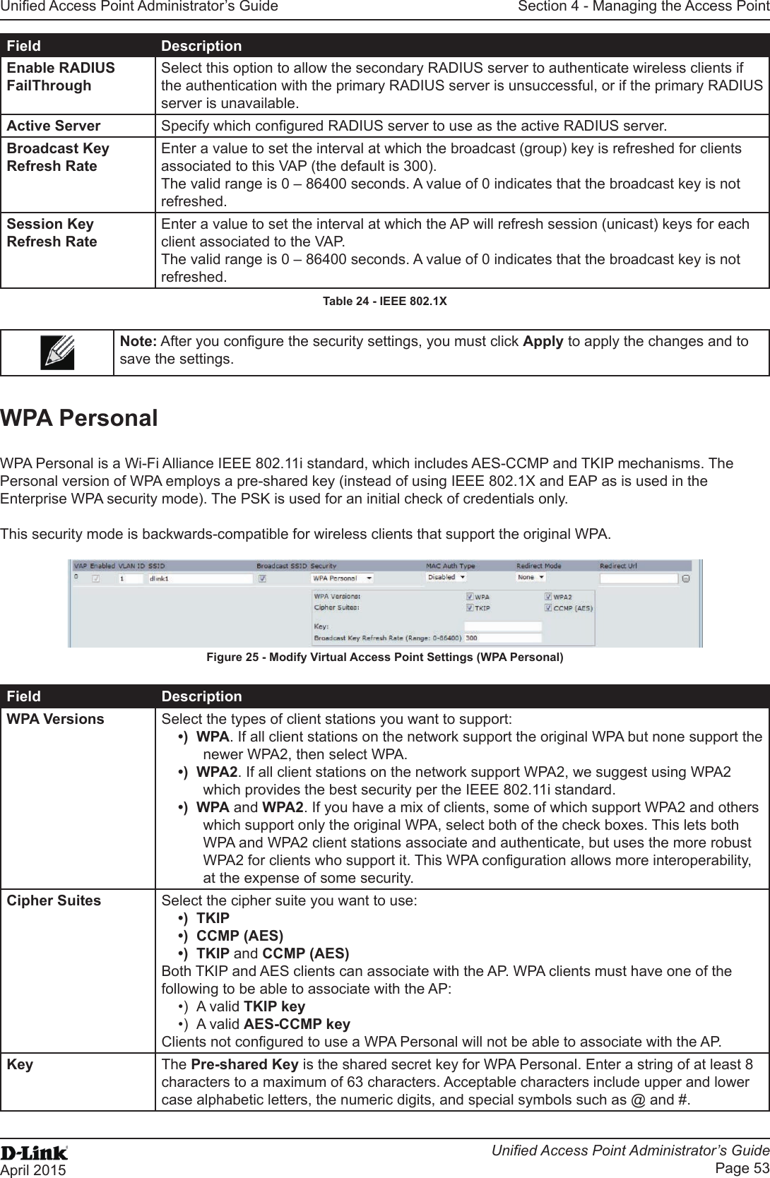 Unied Access Point Administrator’s GuideUnied Access Point Administrator’s GuidePage 53April 2015Section 4 - Managing the Access PointField DescriptionEnable RADIUS FailThroughSelect this option to allow the secondary RADIUS server to authenticate wireless clients if the authentication with the primary RADIUS server is unsuccessful, or if the primary RADIUS server is unavailable.Active Server Specify which congured RADIUS server to use as the active RADIUS server.Broadcast Key Refresh RateEnter a value to set the interval at which the broadcast (group) key is refreshed for clients associated to this VAP (the default is 300). The valid range is 0 – 86400 seconds. A value of 0 indicates that the broadcast key is not refreshed.Session Key Refresh RateEnter a value to set the interval at which the AP will refresh session (unicast) keys for each client associated to the VAP. The valid range is 0 – 86400 seconds. A value of 0 indicates that the broadcast key is not refreshed.Table 24 - IEEE 802.1XNote: After you congure the security settings, you must click Apply to apply the changes and to save the settings. WPA PersonalWPA Personal is a Wi-Fi Alliance IEEE 802.11i standard, which includes AES-CCMP and TKIP mechanisms. The Personal version of WPA employs a pre-shared key (instead of using IEEE 802.1X and EAP as is used in the Enterprise WPA security mode). The PSK is used for an initial check of credentials only.This security mode is backwards-compatible for wireless clients that support the original WPA.Figure 25 - Modify Virtual Access Point Settings (WPA Personal)Field DescriptionWPA Versions Select the types of client stations you want to support:•)  WPA. If all client stations on the network support the original WPA but none support the newer WPA2, then select WPA.•)  WPA2. If all client stations on the network support WPA2, we suggest using WPA2 which provides the best security per the IEEE 802.11i standard.•)  WPA and WPA2. If you have a mix of clients, some of which support WPA2 and others which support only the original WPA, select both of the check boxes. This lets both WPA and WPA2 client stations associate and authenticate, but uses the more robust WPA2 for clients who support it. This WPA conguration allows more interoperability, at the expense of some security.Cipher Suites Select the cipher suite you want to use:•)  TKIP•)  CCMP (AES)•)  TKIP and CCMP (AES)Both TKIP and AES clients can associate with the AP. WPA clients must have one of the following to be able to associate with the AP:•)  A valid TKIP key•)  A valid AES-CCMP keyClients not congured to use a WPA Personal will not be able to associate with the AP.Key The Pre-shared Key is the shared secret key for WPA Personal. Enter a string of at least 8 characters to a maximum of 63 characters. Acceptable characters include upper and lower case alphabetic letters, the numeric digits, and special symbols such as @ and #.