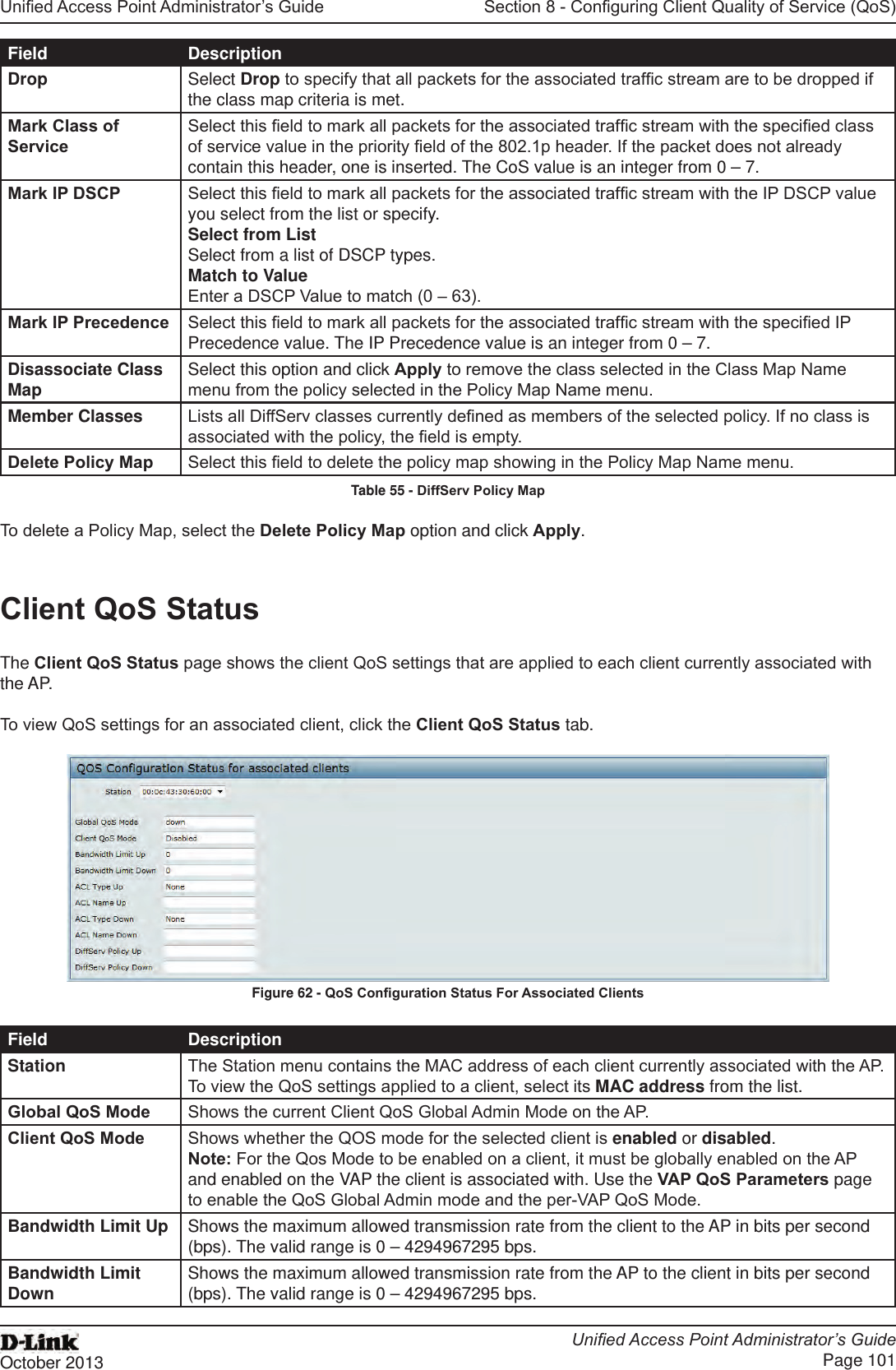 Unied Access Point Administrator’s GuideUnied Access Point Administrator’s GuidePage 101October 2013Section 8 - Conguring Client Quality of Service (QoS)Field DescriptionDrop Select Drop to specify that all packets for the associated trafc stream are to be dropped if the class map criteria is met.Mark Class of ServiceSelect this eld to mark all packets for the associated trafc stream with the specied class of service value in the priority eld of the 802.1p header. If the packet does not already contain this header, one is inserted. The CoS value is an integer from 0 – 7.Mark IP DSCP Select this eld to mark all packets for the associated trafc stream with the IP DSCP value you select from the list or specify. Select from List Select from a list of DSCP types. Match to Value Enter a DSCP Value to match (0 – 63).Mark IP Precedence Select this eld to mark all packets for the associated trafc stream with the specied IP Precedence value. The IP Precedence value is an integer from 0 – 7.Disassociate Class Map Select this option and click Apply to remove the class selected in the Class Map Name menu from the policy selected in the Policy Map Name menu.Member Classes Lists all DiffServ classes currently dened as members of the selected policy. If no class is associated with the policy, the eld is empty.Delete Policy Map Select this eld to delete the policy map showing in the Policy Map Name menu.Table 55 - DiffServ Policy MapTo delete a Policy Map, select the Delete Policy Map option and click Apply. Client QoS StatusThe Client QoS Status page shows the client QoS settings that are applied to each client currently associated with the AP.To view QoS settings for an associated client, click the Client QoS Status tab.Figure 62 - QoS Conguration Status For Associated ClientsField DescriptionStation The Station menu contains the MAC address of each client currently associated with the AP. To view the QoS settings applied to a client, select its MAC address from the list.Global QoS Mode Shows the current Client QoS Global Admin Mode on the AP.Client QoS Mode Shows whether the QOS mode for the selected client is enabled or disabled. Note: For the Qos Mode to be enabled on a client, it must be globally enabled on the AP and enabled on the VAP the client is associated with. Use the VAP QoS Parameters page to enable the QoS Global Admin mode and the per-VAP QoS Mode.Bandwidth Limit Up Shows the maximum allowed transmission rate from the client to the AP in bits per second (bps). The valid range is 0 – 4294967295 bps.Bandwidth Limit Down Shows the maximum allowed transmission rate from the AP to the client in bits per second (bps). The valid range is 0 – 4294967295 bps.