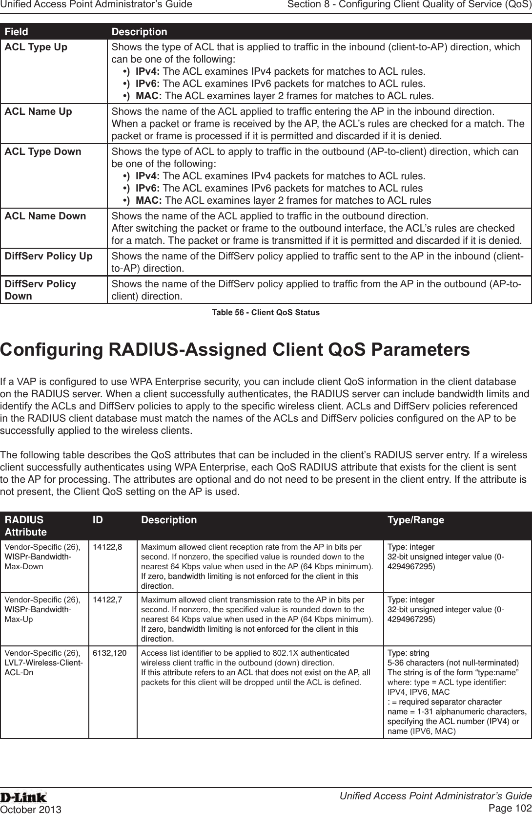 Unied Access Point Administrator’s GuideUnied Access Point Administrator’s GuidePage 102October 2013Section 8 - Conguring Client Quality of Service (QoS)Field DescriptionACL Type Up Shows the type of ACL that is applied to trafc in the inbound (client-to-AP) direction, which can be one of the following: •)  IPv4: The ACL examines IPv4 packets for matches to ACL rules.•)  IPv6: The ACL examines IPv6 packets for matches to ACL rules.•)  MAC: The ACL examines layer 2 frames for matches to ACL rules.ACL Name Up Shows the name of the ACL applied to trafc entering the AP in the inbound direction. When a packet or frame is received by the AP, the ACL’s rules are checked for a match. The packet or frame is processed if it is permitted and discarded if it is denied.ACL Type Down Shows the type of ACL to apply to trafc in the outbound (AP-to-client) direction, which can be one of the following: •)  IPv4: The ACL examines IPv4 packets for matches to ACL rules.•)  IPv6: The ACL examines IPv6 packets for matches to ACL rules•)  MAC: The ACL examines layer 2 frames for matches to ACL rulesACL Name Down Shows the name of the ACL applied to trafc in the outbound direction. After switching the packet or frame to the outbound interface, the ACL’s rules are checked for a match. The packet or frame is transmitted if it is permitted and discarded if it is denied.DiffServ Policy Up Shows the name of the DiffServ policy applied to trafc sent to the AP in the inbound (client-to-AP) direction.DiffServ Policy Down Shows the name of the DiffServ policy applied to trafc from the AP in the outbound (AP-to-client) direction.Table 56 - Client QoS StatusConguring RADIUS-Assigned Client QoS ParametersIf a VAP is congured to use WPA Enterprise security, you can include client QoS information in the client database on the RADIUS server. When a client successfully authenticates, the RADIUS server can include bandwidth limits and identify the ACLs and DiffServ policies to apply to the specic wireless client. ACLs and DiffServ policies referenced in the RADIUS client database must match the names of the ACLs and DiffServ policies congured on the AP to be successfully applied to the wireless clients.The following table describes the QoS attributes that can be included in the client’s RADIUS server entry. If a wireless client successfully authenticates using WPA Enterprise, each QoS RADIUS attribute that exists for the client is sent to the AP for processing. The attributes are optional and do not need to be present in the client entry. If the attribute is not present, the Client QoS setting on the AP is used.RADIUS Attribute ID Description Type/RangeVendor-Specic (26), WISPr-Bandwidth-Max-Down14122,8 Maximum allowed client reception rate from the AP in bits per second. If nonzero, the specied value is rounded down to the nearest 64 Kbps value when used in the AP (64 Kbps minimum). If zero, bandwidth limiting is not enforced for the client in this direction.Type: integer32-bit unsigned integer value (0-4294967295)Vendor-Specic (26), WISPr-Bandwidth-Max-Up14122,7 Maximum allowed client transmission rate to the AP in bits per second. If nonzero, the specied value is rounded down to the nearest 64 Kbps value when used in the AP (64 Kbps minimum). If zero, bandwidth limiting is not enforced for the client in this direction.Type: integer32-bit unsigned integer value (0-4294967295)Vendor-Specic (26), LVL7-Wireless-Client-ACL-Dn6132,120 Access list identier to be applied to 802.1X authenticated wireless client trafc in the outbound (down) direction.If this attribute refers to an ACL that does not exist on the AP, all packets for this client will be dropped until the ACL is dened.Type: string5-36 characters (not null-terminated)The string is of the form “type:name” where: type = ACL type identier: IPV4, IPV6, MAC: = required separator charactername = 1-31 alphanumeric characters, specifying the ACL number (IPV4) or name (IPV6, MAC)