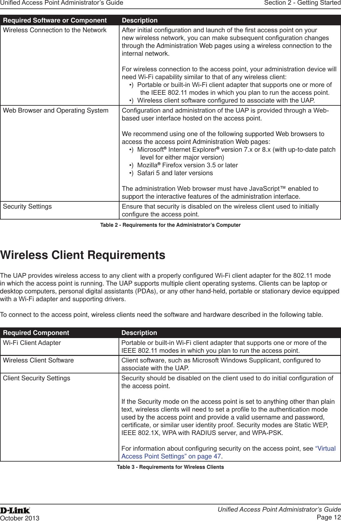 Unied Access Point Administrator’s GuideUnied Access Point Administrator’s GuidePage 12October 2013Section 2 - Getting StartedRequired Software or Component DescriptionWireless Connection to the Network After initial conguration and launch of the rst access point on your new wireless network, you can make subsequent conguration changes through the Administration Web pages using a wireless connection to the internal network. For wireless connection to the access point, your administration device will need Wi-Fi capability similar to that of any wireless client:•)  Portable or built-in Wi-Fi client adapter that supports one or more of the IEEE 802.11 modes in which you plan to run the access point.•)  Wireless client software congured to associate with the UAP.Web Browser and Operating System Conguration and administration of the UAP is provided through a Web-based user interface hosted on the access point. We recommend using one of the following supported Web browsers to access the access point Administration Web pages:•)  Microsoft® Internet Explorer® version 7.x or 8.x (with up-to-date patch level for either major version)•)  Mozilla® Firefox version 3.5 or later•)  Safari 5 and later versionsThe administration Web browser must have JavaScript™ enabled to support the interactive features of the administration interface.Security Settings Ensure that security is disabled on the wireless client used to initially congure the access point.Table 2 - Requirements for the Administrator’s ComputerWireless Client RequirementsThe UAP provides wireless access to any client with a properly congured Wi-Fi client adapter for the 802.11 mode in which the access point is running. The UAP supports multiple client operating systems. Clients can be laptop or desktop computers, personal digital assistants (PDAs), or any other hand-held, portable or stationary device equipped with a Wi-Fi adapter and supporting drivers.To connect to the access point, wireless clients need the software and hardware described in the following table.Required Component DescriptionWi-Fi Client Adapter Portable or built-in Wi-Fi client adapter that supports one or more of the IEEE 802.11 modes in which you plan to run the access point.Wireless Client Software Client software, such as Microsoft Windows Supplicant, congured to associate with the UAP.Client Security Settings Security should be disabled on the client used to do initial conguration of the access point.If the Security mode on the access point is set to anything other than plain text, wireless clients will need to set a prole to the authentication mode used by the access point and provide a valid username and password, certicate, or similar user identity proof. Security modes are Static WEP, IEEE 802.1X, WPA with RADIUS server, and WPA-PSK.For information about conguring security on the access point, see “Virtual Access Point Settings” on page 47. Table 3 - Requirements for Wireless Clients