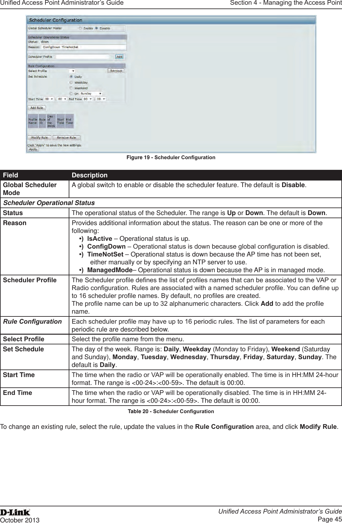 Unied Access Point Administrator’s GuideUnied Access Point Administrator’s GuidePage 45October 2013Section 4 - Managing the Access PointFigure 19 - Scheduler CongurationField DescriptionGlobal Scheduler Mode A global switch to enable or disable the scheduler feature. The default is Disable.Scheduler Operational StatusStatus The operational status of the Scheduler. The range is Up or Down. The default is Down.Reason Provides additional information about the status. The reason can be one or more of the following:•)  IsActive – Operational status is up.•)  CongDown – Operational status is down because global conguration is disabled.•)  TimeNotSet – Operational status is down because the AP time has not been set, either manually or by specifying an NTP server to use.•)  ManagedMode– Operational status is down because the AP is in managed mode.Scheduler Prole The Scheduler prole denes the list of proles names that can be associated to the VAP or Radio conguration. Rules are associated with a named scheduler prole. You can dene up to 16 scheduler prole names. By default, no proles are created.The prole name can be up to 32 alphanumeric characters. Click Add to add the prole name.Rule Conguration Each scheduler prole may have up to 16 periodic rules. The list of parameters for each periodic rule are described below.Select Prole Select the prole name from the menu.Set Schedule The day of the week. Range is: Daily, Weekday (Monday to Friday), Weekend (Saturday and Sunday), Monday, Tuesday, Wednesday, Thursday, Friday, Saturday, Sunday. The default is Daily.Start Time The time when the radio or VAP will be operationally enabled. The time is in HH:MM 24-hour format. The range is &lt;00-24&gt;:&lt;00-59&gt;. The default is 00:00.End Time The time when the radio or VAP will be operationally disabled. The time is in HH:MM 24-hour format. The range is &lt;00-24&gt;:&lt;00-59&gt;. The default is 00:00.Table 20 - Scheduler CongurationTo change an existing rule, select the rule, update the values in the Rule Conguration area, and click Modify Rule.
