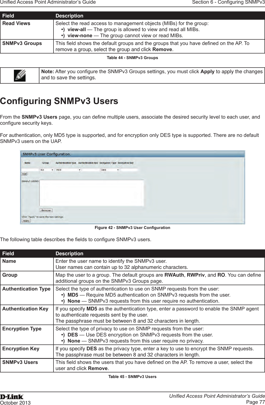 Unied Access Point Administrator’s GuideUnied Access Point Administrator’s GuidePage 77October 2013Section 6 - Conguring SNMPv3Field DescriptionRead Views Select the read access to management objects (MIBs) for the group:•)  view-all — The group is allowed to view and read all MIBs.•)  view-none — The group cannot view or read MIBs.SNMPv3 Groups This eld shows the default groups and the groups that you have dened on the AP. To remove a group, select the group and click Remove.Table 44 - SNMPv3 GroupsNote: After you congure the SNMPv3 Groups settings, you must click Apply to apply the changes and to save the settings.Conguring SNMPv3 UsersFrom the SNMPv3 Users page, you can dene multiple users, associate the desired security level to each user, and congure security keys.For authentication, only MD5 type is supported, and for encryption only DES type is supported. There are no default SNMPv3 users on the UAP.Figure 42 - SNMPv3 User CongurationThe following table describes the elds to congure SNMPv3 users.Field DescriptionName Enter the user name to identify the SNMPv3 user. User names can contain up to 32 alphanumeric characters.Group Map the user to a group. The default groups are RWAuth, RWPriv, and RO. You can dene additional groups on the SNMPv3 Groups page.Authentication Type Select the type of authentication to use on SNMP requests from the user:•)  MD5 — Require MD5 authentication on SNMPv3 requests from the user.•)  None — SNMPv3 requests from this user require no authentication.Authentication Key If you specify MD5 as the authentication type, enter a password to enable the SNMP agent to authenticate requests sent by the user.The passphrase must be between 8 and 32 characters in length.Encryption Type Select the type of privacy to use on SNMP requests from the user:•)  DES — Use DES encryption on SNMPv3 requests from the user.•)  None — SNMPv3 requests from this user require no privacy.Encryption Key If you specify DES as the privacy type, enter a key to use to encrypt the SNMP requests.The passphrase must be between 8 and 32 characters in length.SNMPv3 Users This eld shows the users that you have dened on the AP. To remove a user, select the user and click Remove.Table 45 - SNMPv3 Users