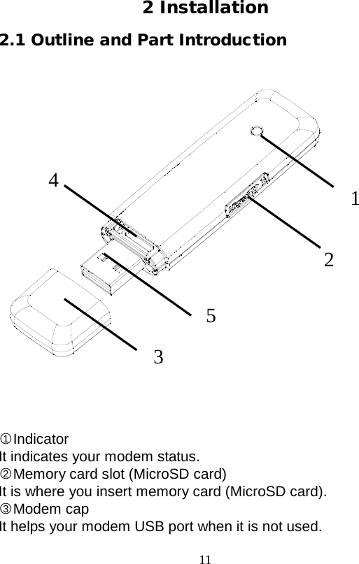  11  2 Installation 2.1 Outline and Part Introduction    ○1Indicator It indicates your modem status. ○2Memory card slot (MicroSD card) It is where you insert memory card (MicroSD card). ○3Modem cap It helps your modem USB port when it is not used.   4 2 5 1 3 