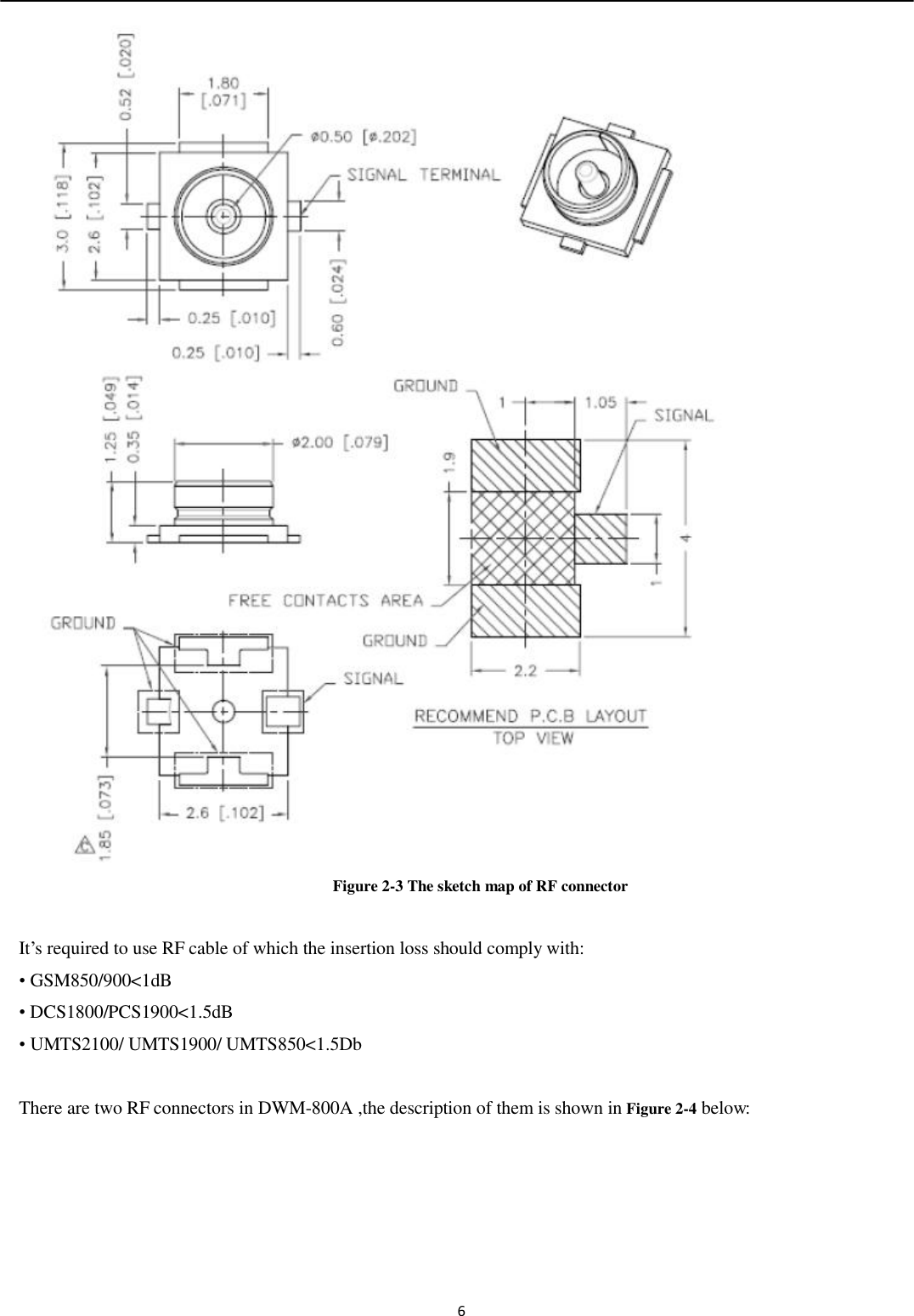   6   Figure 2-3 The sketch map of RF connector  It’s required to use RF cable of which the insertion loss should comply with: • GSM850/900&lt;1dB • DCS1800/PCS1900&lt;1.5dB • UMTS2100/ UMTS1900/ UMTS850&lt;1.5Db  There are two RF connectors in DWM-800A ,the description of them is shown in Figure 2-4 below:  