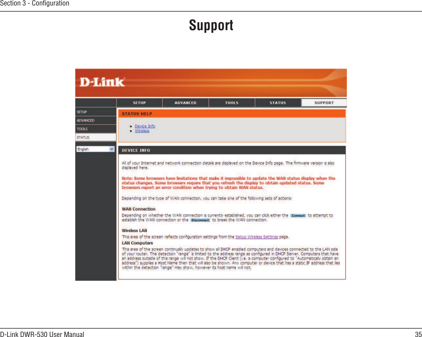 35D-Link DWR-530 User ManualSection 3 - ConﬁgurationSupport