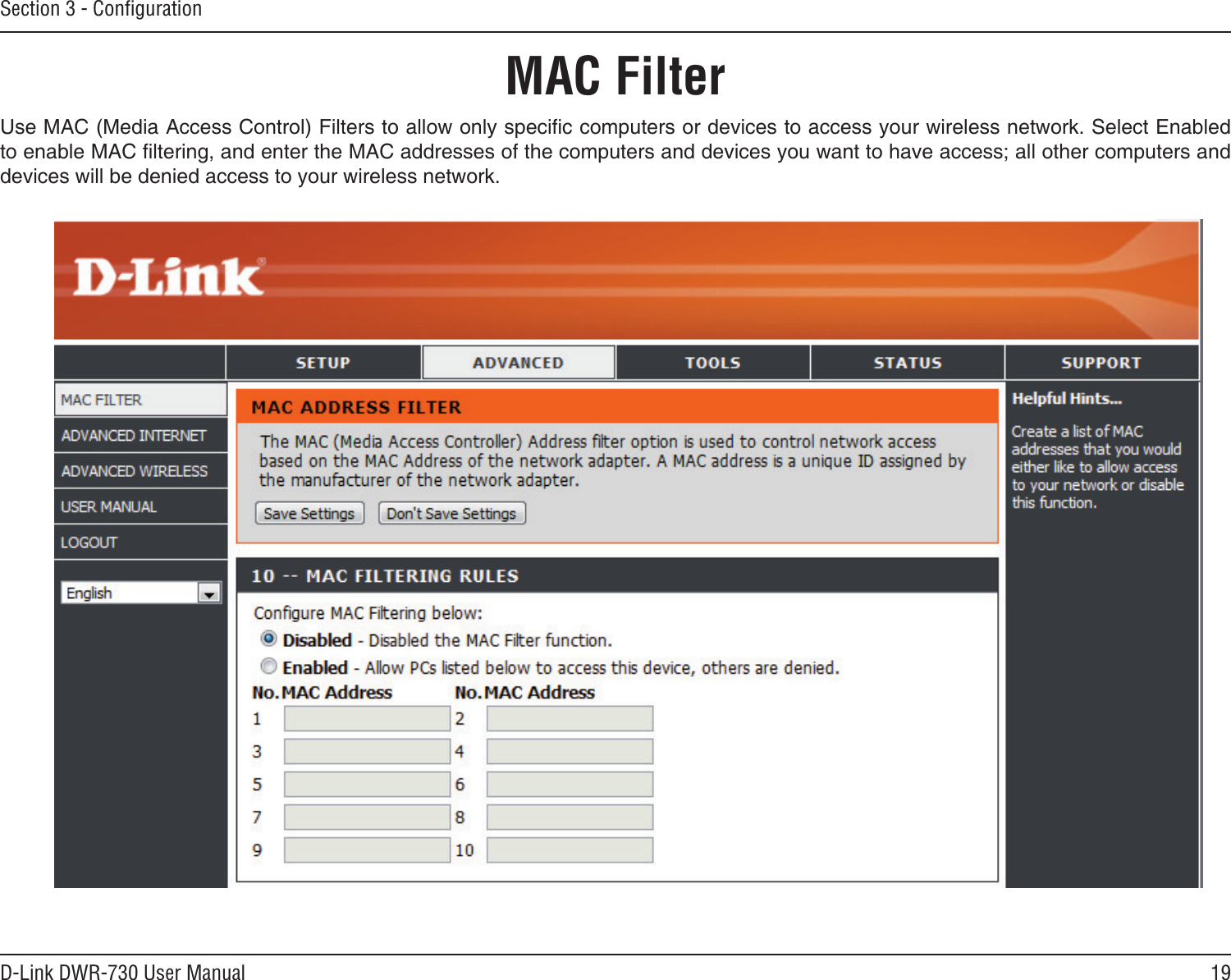 19D-Link DWR-730 User ManualSection 3 - ConﬁgurationMAC Filter