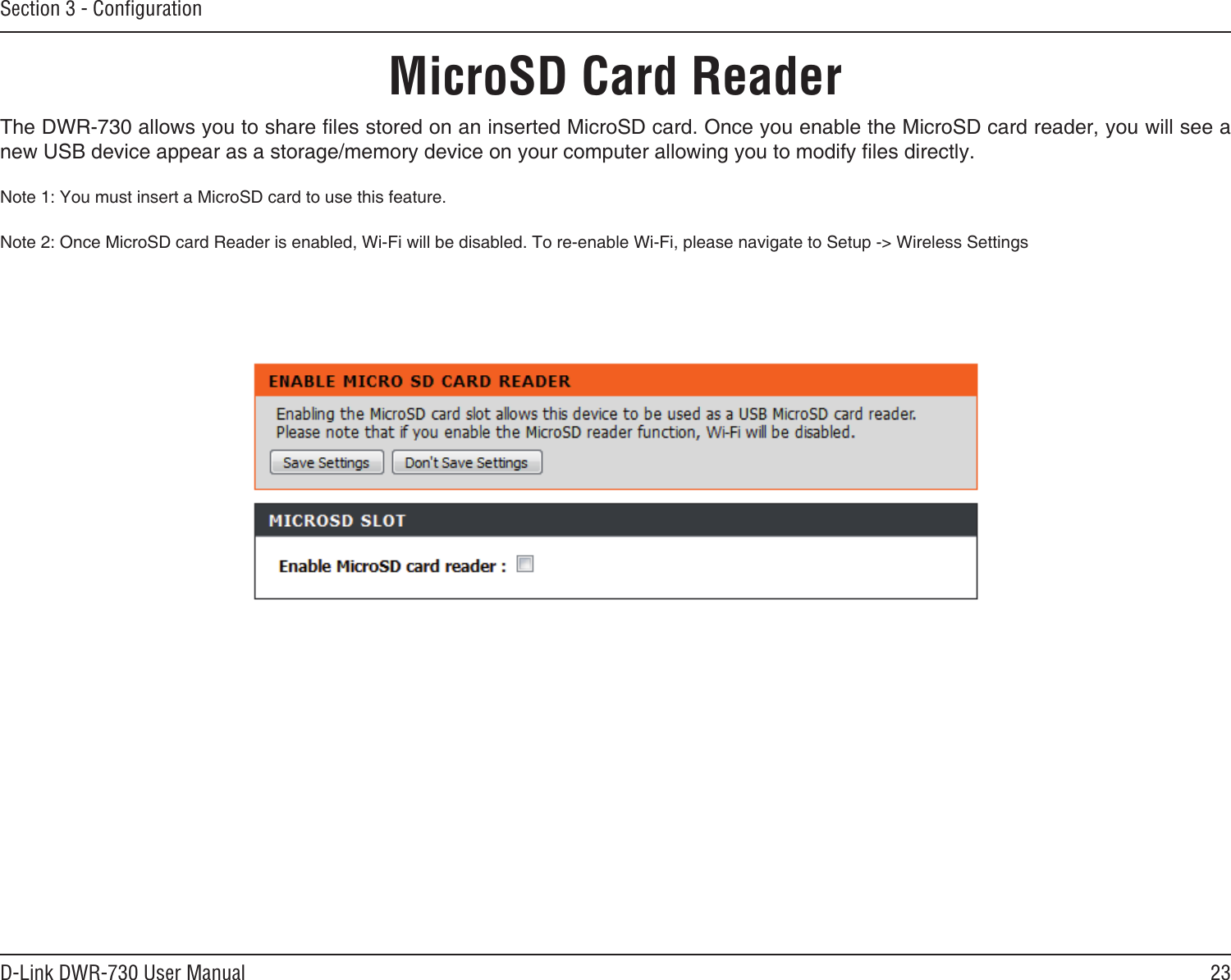 23D-Link DWR-730 User ManualSection 3 - ConﬁgurationMicroSD Card Reader