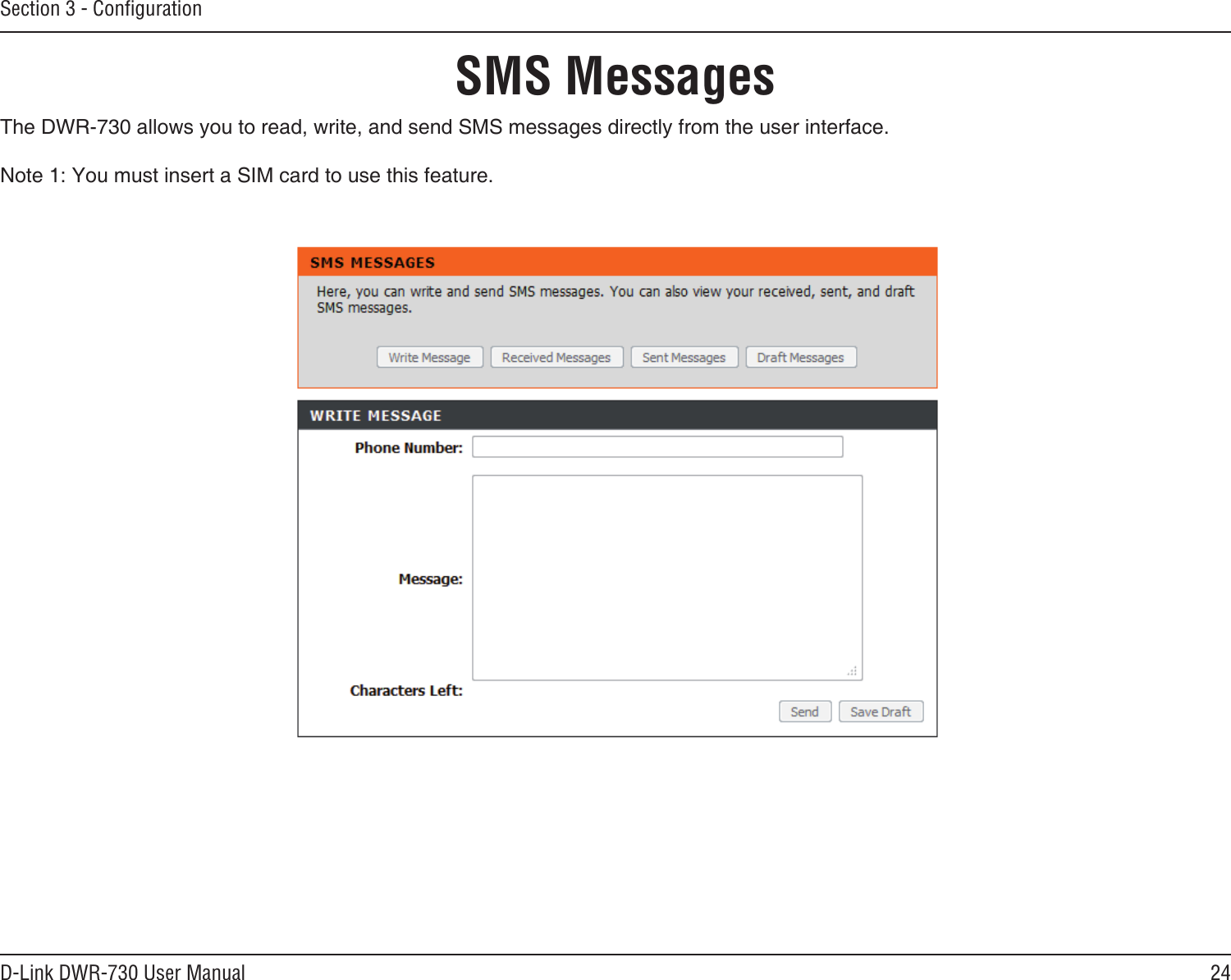 24D-Link DWR-730 User ManualSection 3 - ConﬁgurationSMS Messages