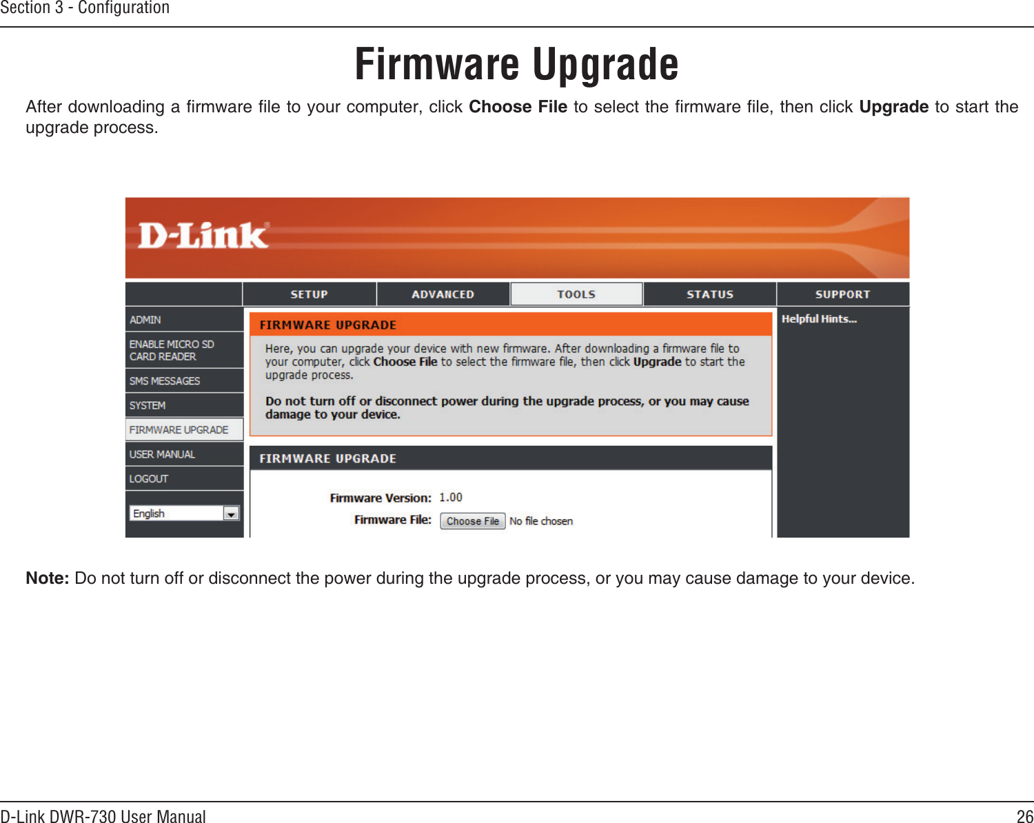 26D-Link DWR-730 User ManualSection 3 - ConﬁgurationFirmware Upgrade