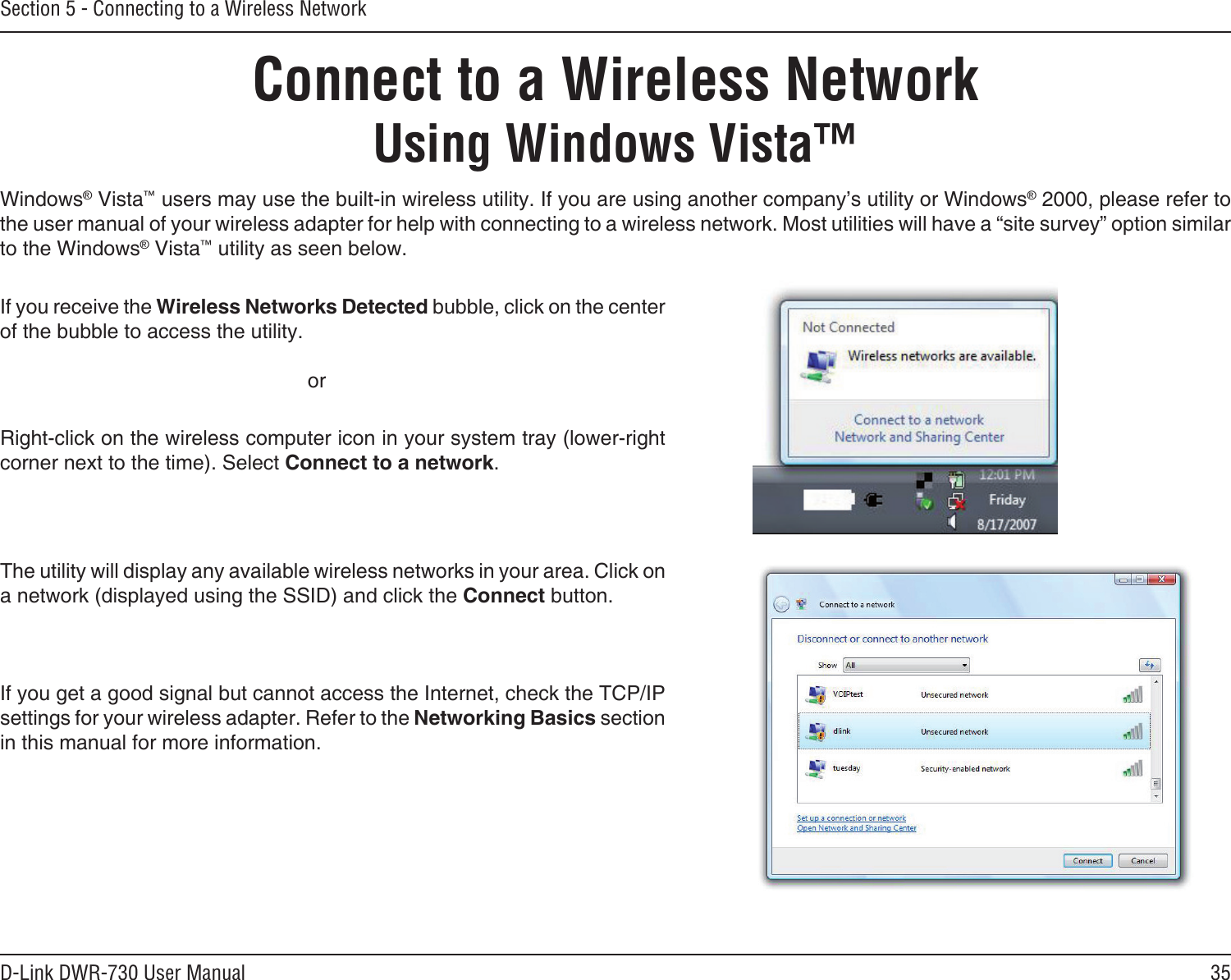 35D-Link DWR-730 User ManualSection 5 - Connecting to a Wireless NetworkConnect to a Wireless NetworkUsing Windows Vista™