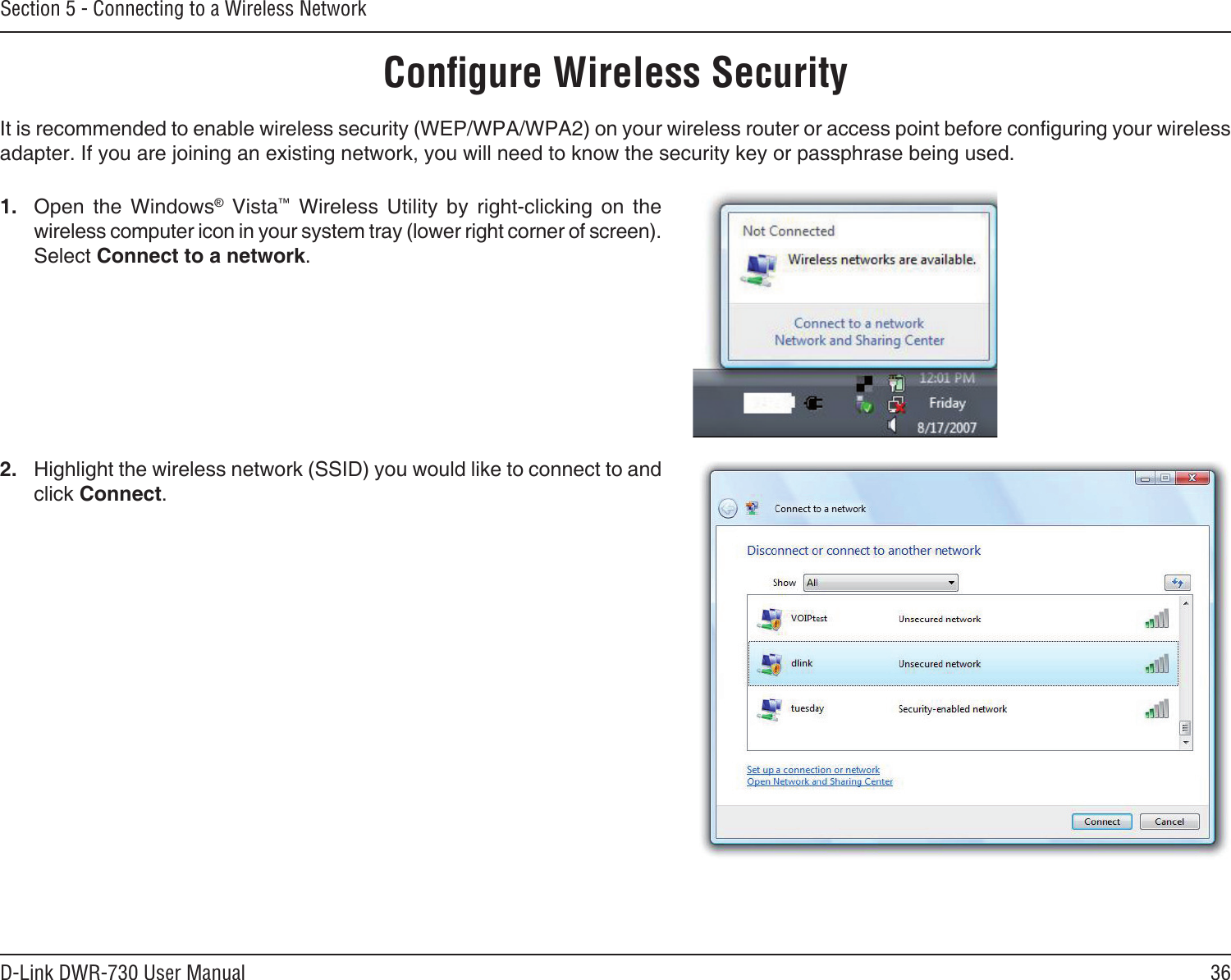 36D-Link DWR-730 User ManualSection 5 - Connecting to a Wireless NetworkConﬁgure Wireless Security           
