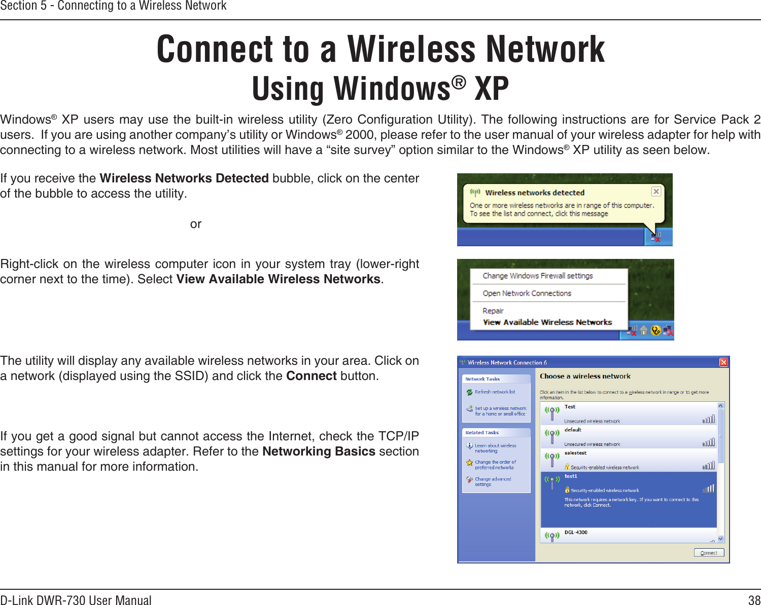 38D-Link DWR-730 User ManualSection 5 - Connecting to a Wireless NetworkConnect to a Wireless NetworkUsing Windows® XP 