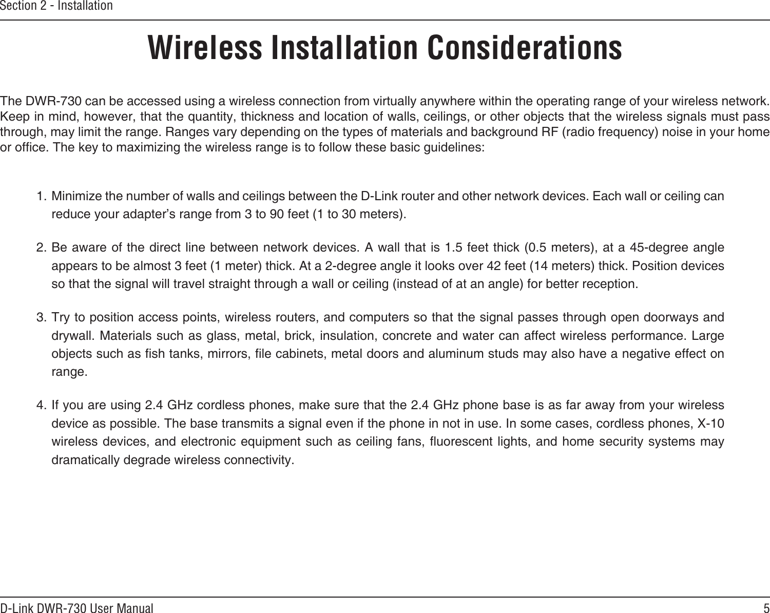 5D-Link DWR-730 User ManualSection 2 - InstallationWireless Installation Considerations 
