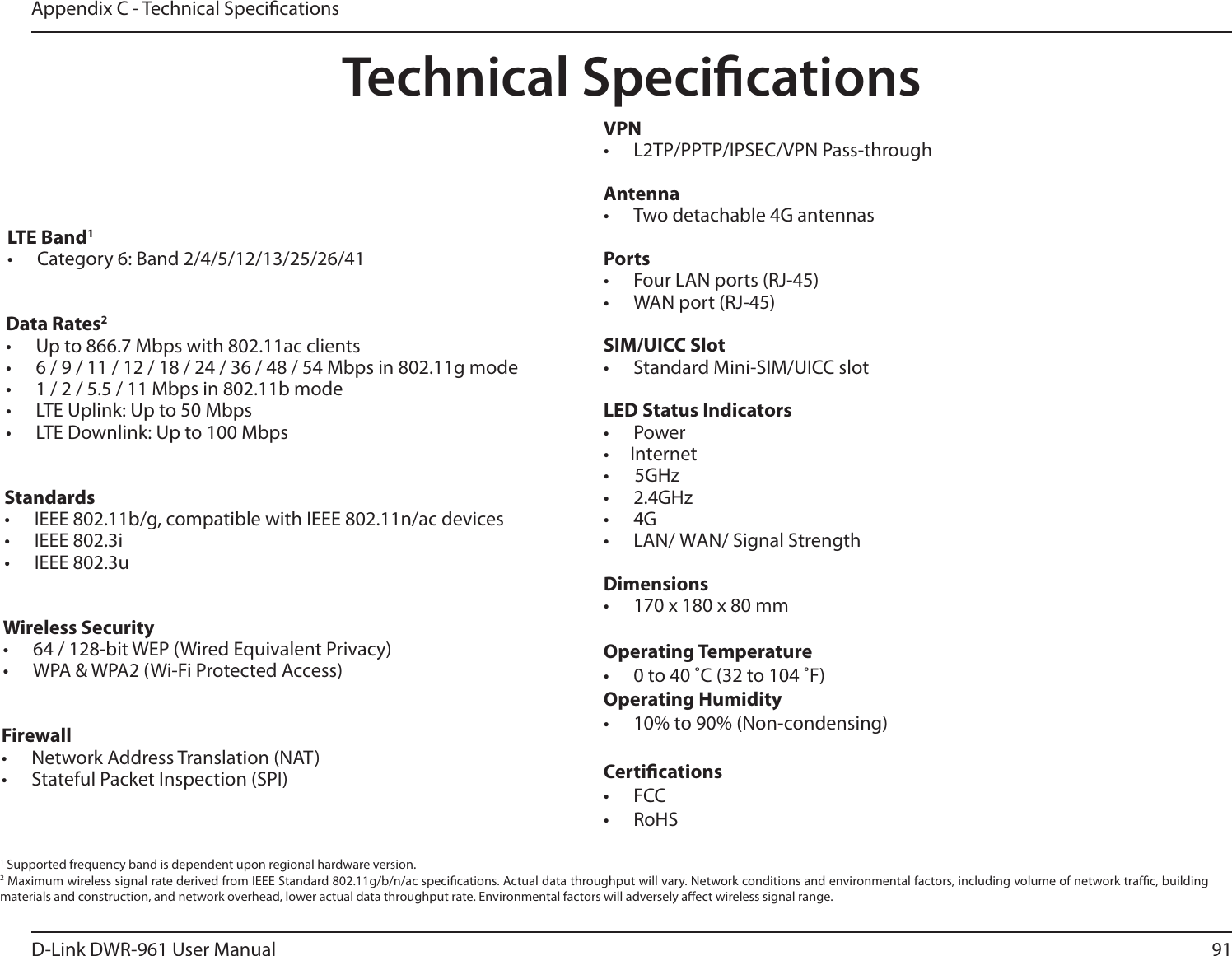 91D-Link DWR-9User ManualAppendix C - Technical SpecicationsTechnical Specications    LTE Band1• Category : Band 2/4/5/1Data Rates2• Up to  Mbps with 802.11BD clients•  6 / 9 / 11 / 12 / 18 / 24 / 36 / 48 / 54 Mbps in 802.11g mode•  1 / 2 / 5.5 / 11 Mbps in 802.11b mode•  LTE Uplink: Up to 50 Mbps•  LTE Downlink: Up to 100 MbpsStandards•  IEEE 802.11b/g, compatible with IEEE 802.11nBD devices• IEEE 802.3i• IEEE 802.3uWireless Security•  64 / 128-bit WEP (Wired Equivalent Privacy)•  WPA &amp; WPA2 (Wi-Fi Protected Access)Firewall•  Network Address Translation (NAT)•  Stateful Packet Inspection (SPI)VPN• L2TP/PPTP/IPSEC/VPN Pass-throughAntenna•  Two detachable 4G antennasPorts•  Four LAN ports (RJ-45)•  WAN port (RJ-45)SIM/UICC Slot•  Standard Mini-SIM/UICC slotLED Status Indicators• Power• *OUFSOFU• ()[• 2G)[• 4G•  -&quot;/8&quot;/Signal StrengthDimensions• 10 x  x  mm Operating Temperature•  0 to 40 ˚C (32 to 104 ˚F)Operating Humidity•  10% to 90% (Non-condensing)Certications• FCC • RoHS1 Supported frequency band is dependent upon regional hardware version.2 Maximum wireless signal rate derived from IEEE Standard 802.11g/b/nBD specications. Actual data throughput will vary. Network conditions and environmental factors, including volume of network trac, building materials and construction, and network overhead, lower actual data throughput rate. Environmental factors will adversely aect wireless signal range.